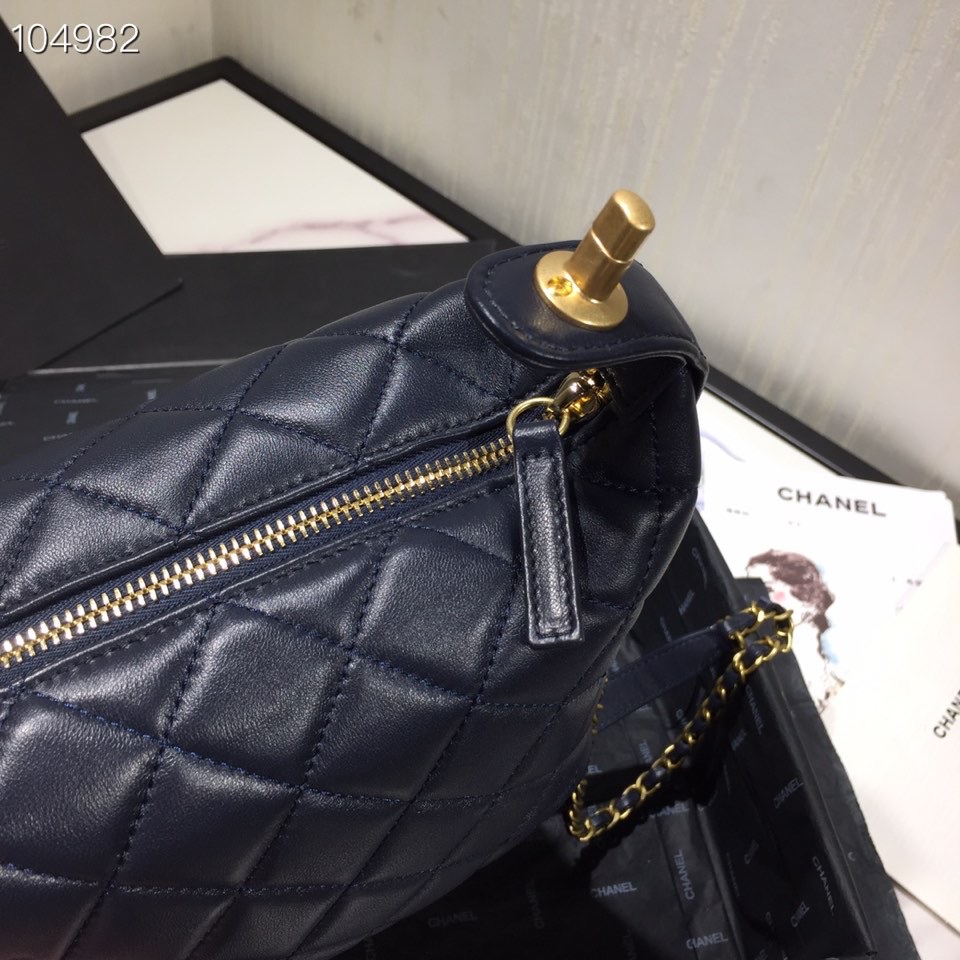 Ch**el Lambskin Gold Metal Pink Small Hobo Bag dark blue