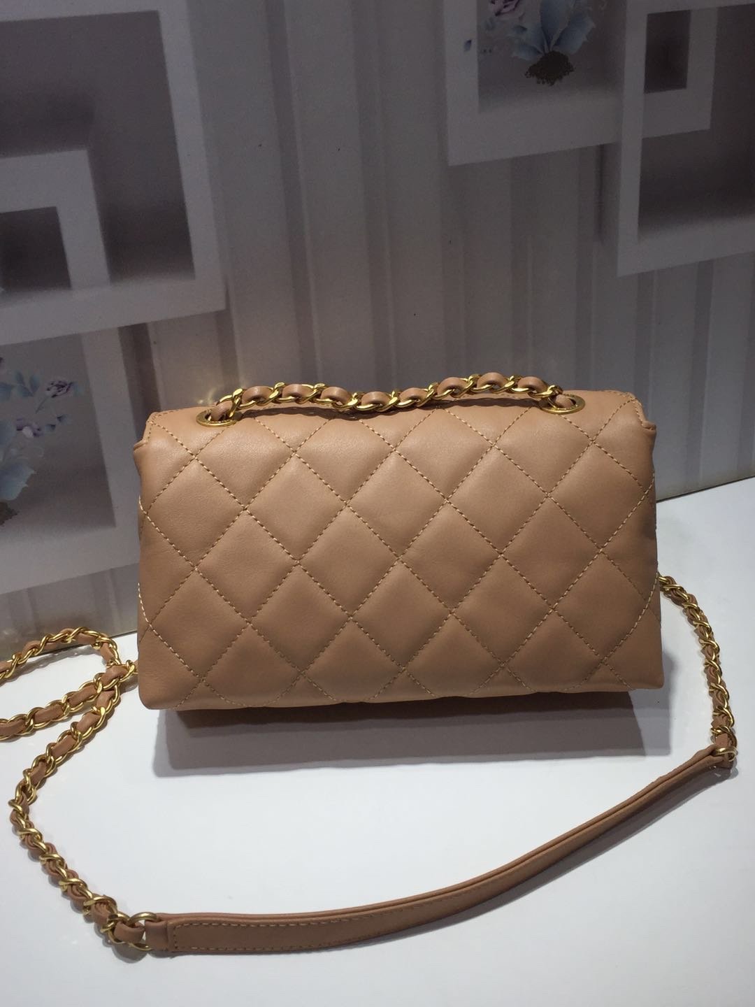Ch**el small flap bag calfskin goldtone metal beige