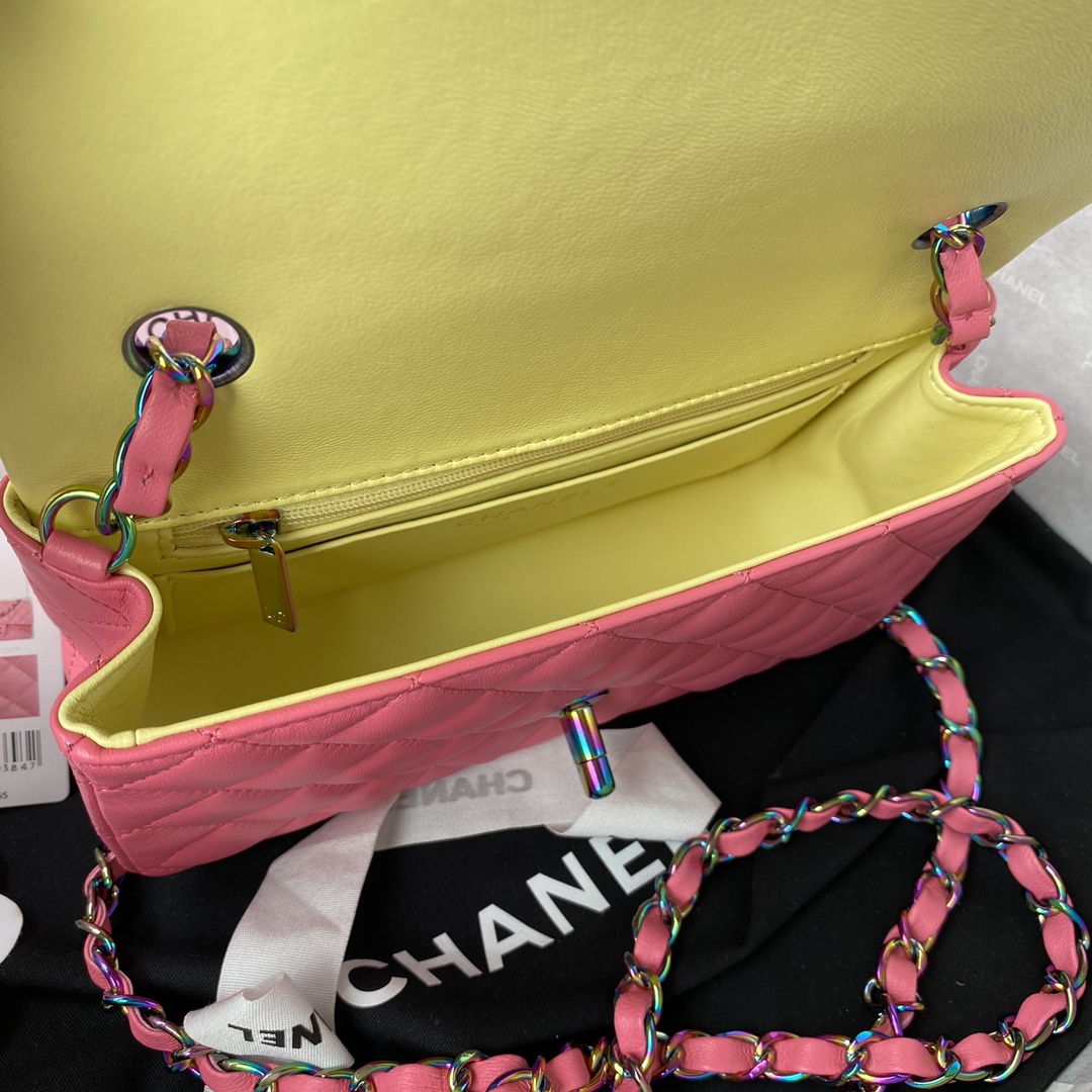 Ch**el Classic Flap Bag 20cm Pink with Yellow A01116 