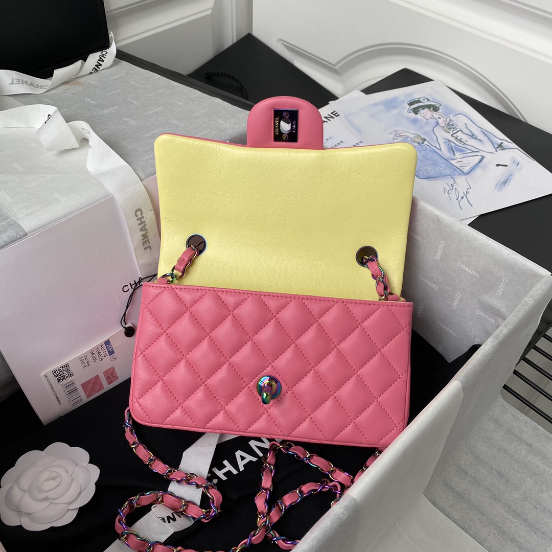 Ch**el Classic Flap Bag 20cm Pink with Yellow A01116 