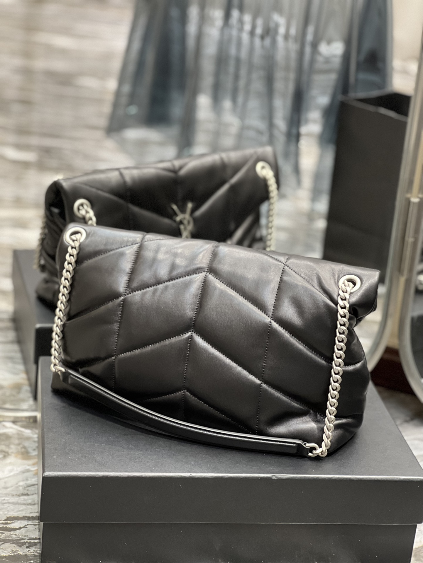 Y51 Puffer Handbag 35cm Black Sliver Hardware