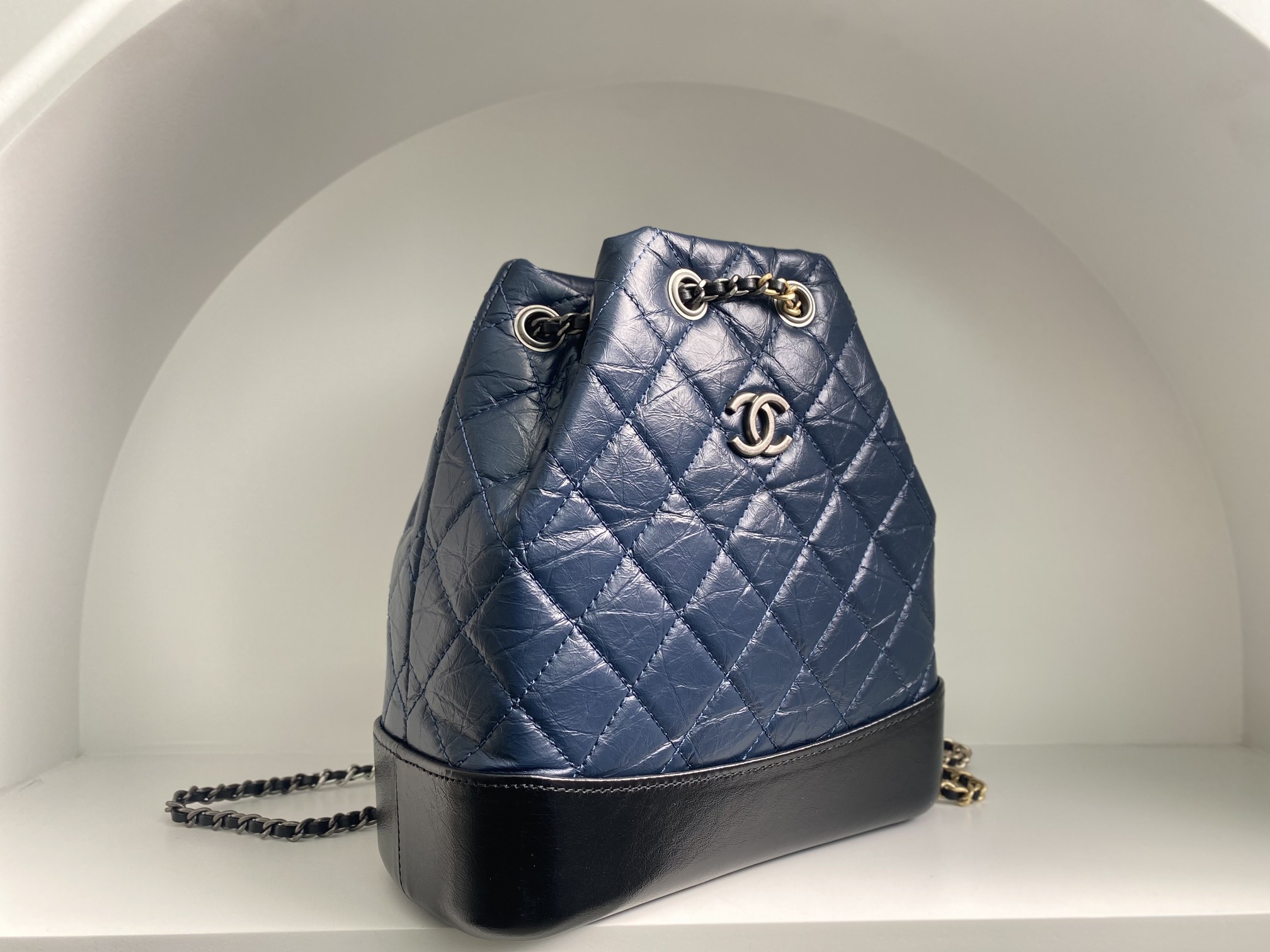 Bagsaaa Ch**el BLUE QUILTED AGED CALFSKIN SMALL GABRIELLE BACKPACK - 26x25x11cm