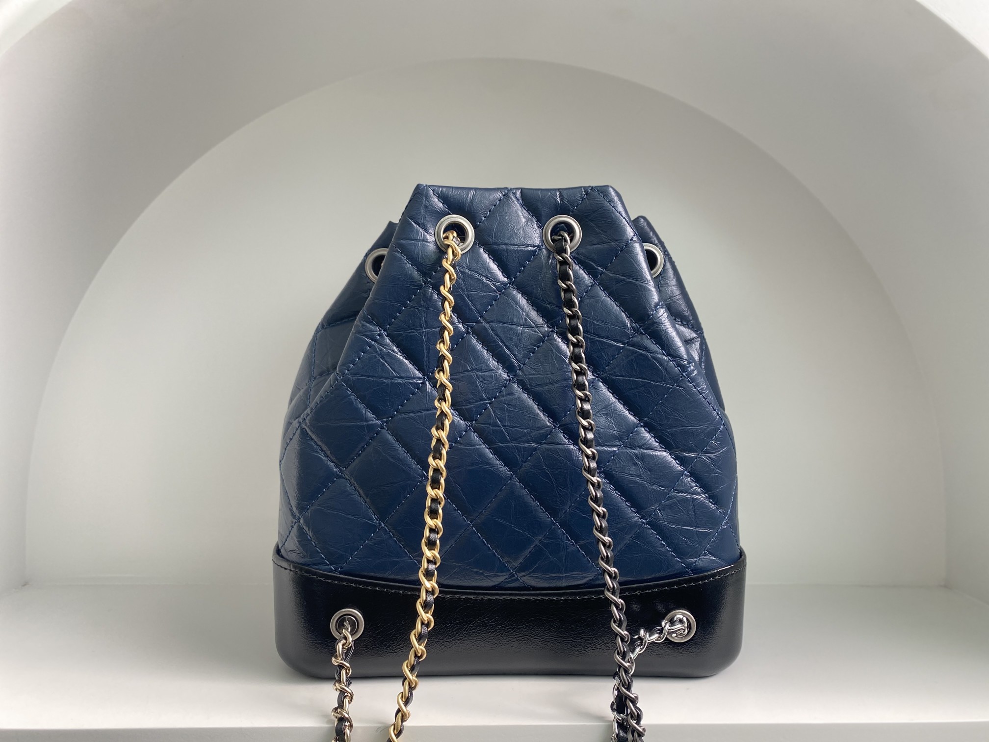 Bagsaaa Ch**el BLUE QUILTED AGED CALFSKIN SMALL GABRIELLE BACKPACK - 26x25x11cm
