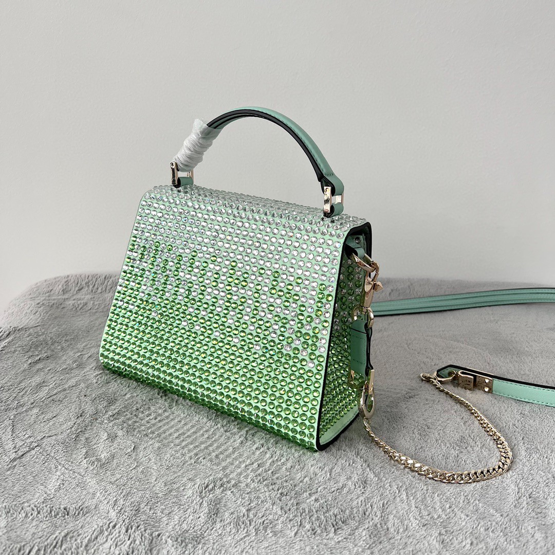 Bagsaaa Va1e*ntin0 Vsling Mini Handbag With RHINESTONES Green - W19xH13xD9 cm
