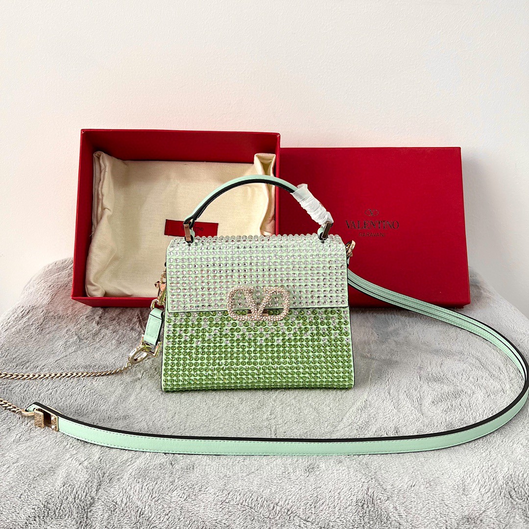 Bagsaaa Va1e*ntin0 Vsling Mini Handbag With RHINESTONES Green - W19xH13xD9 cm