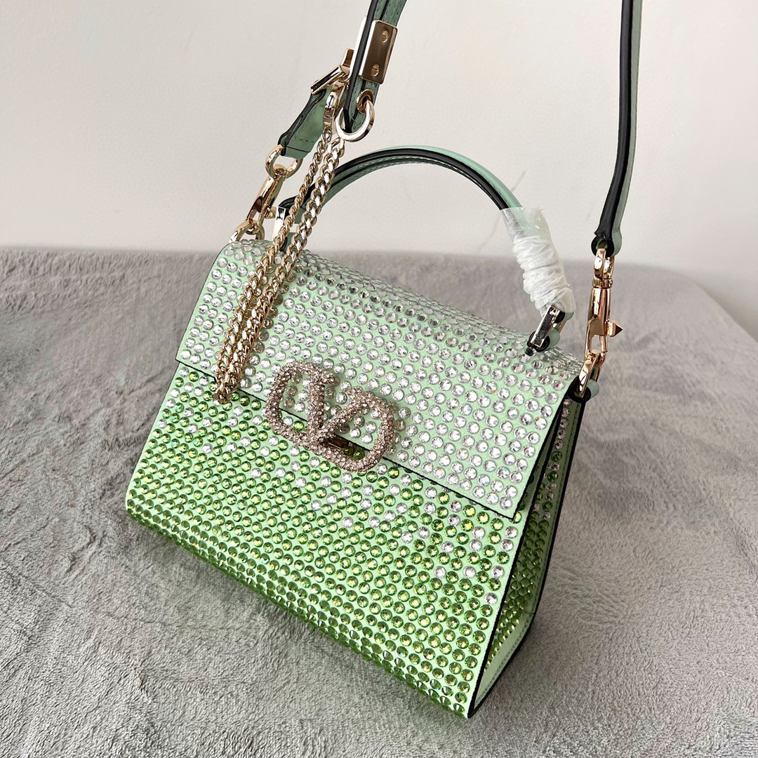 Bagsaaa Va1e*ntin0 Vsling Mini Handbag With RHINESTONES Green - W19xH13xD9 cm