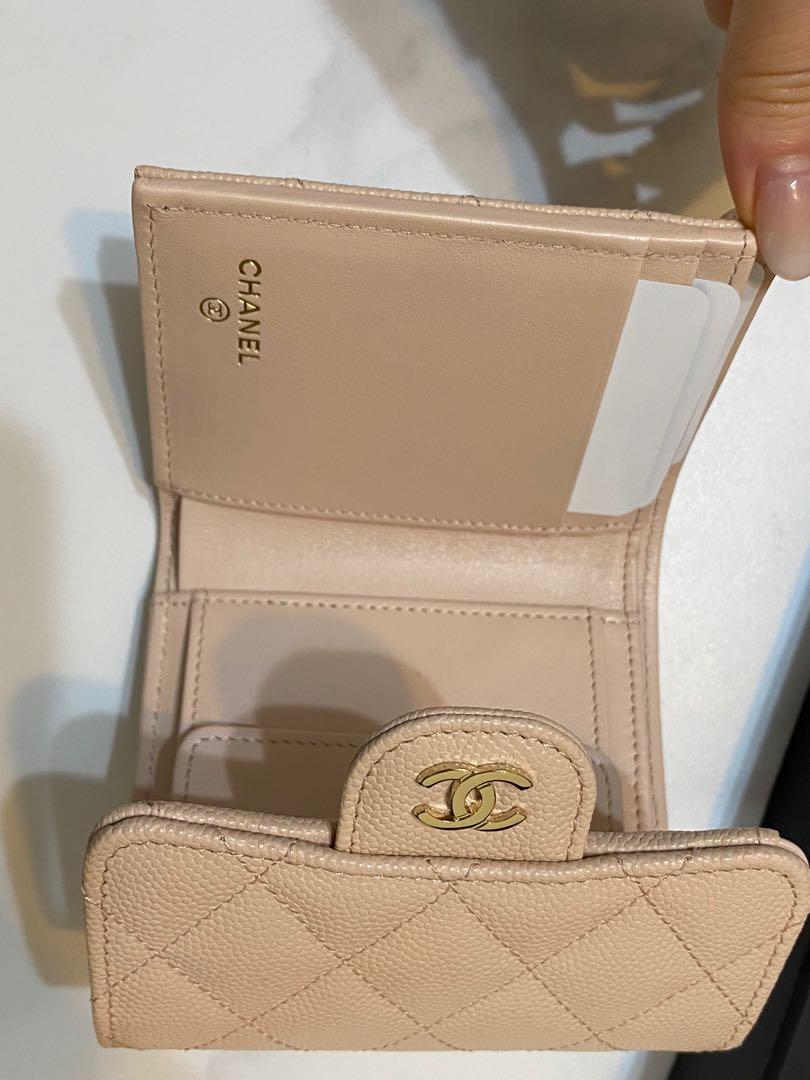 Bagsaaa Ch**el Calfskin Leather Plain Folding Beige Wallets with Gold Hardware - 11.5x10.5x3cm
