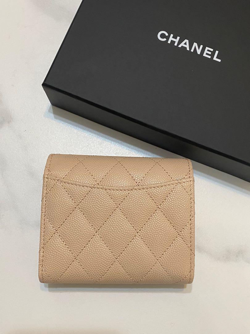 Bagsaaa Ch**el Calfskin Leather Plain Folding Beige Wallets with Gold Hardware - 11.5x10.5x3cm