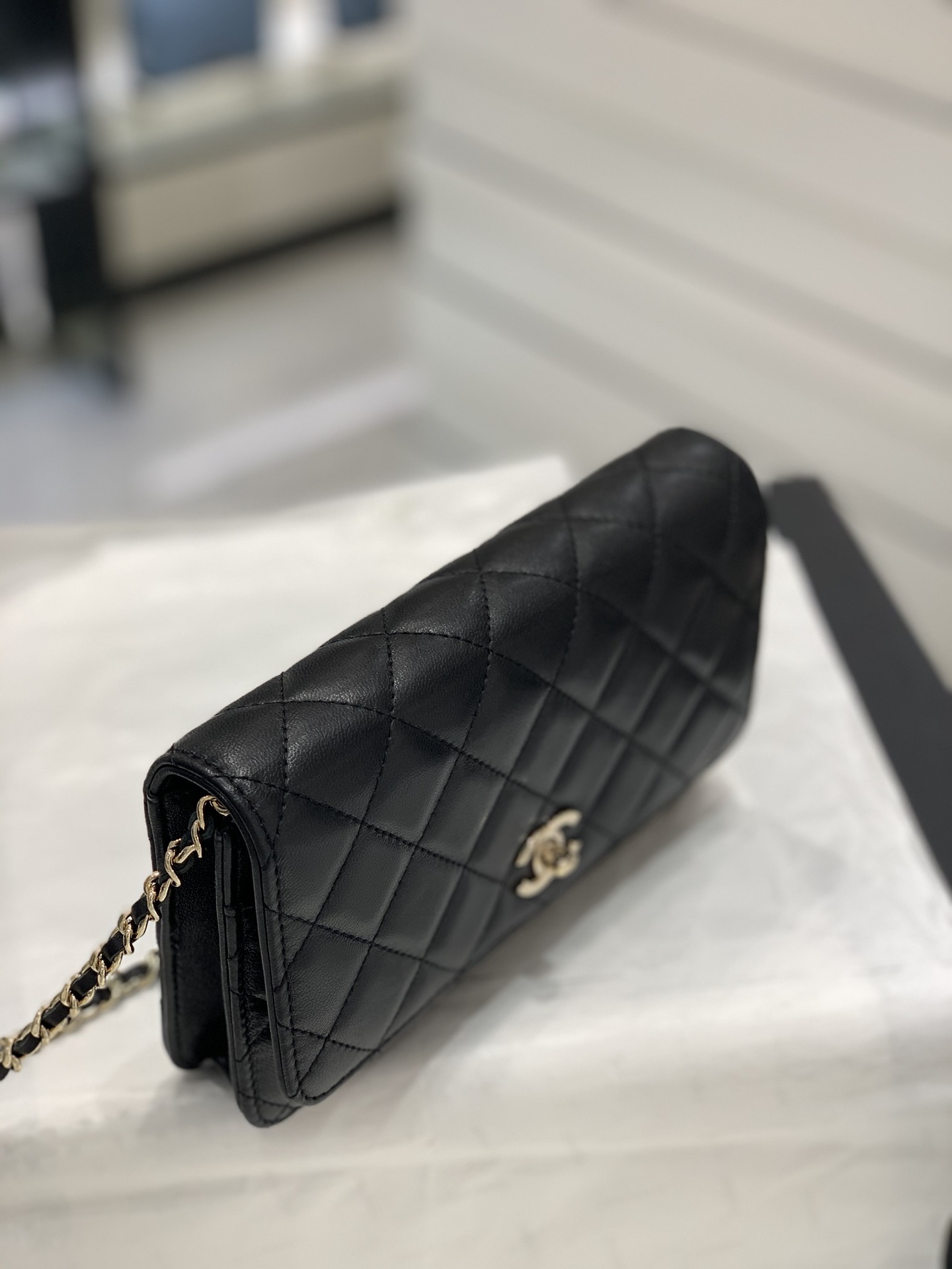 Bagsaaa Ch**el WOC Lambskin Leather With Ball Charm Strap Black - 19-3.5-12cm