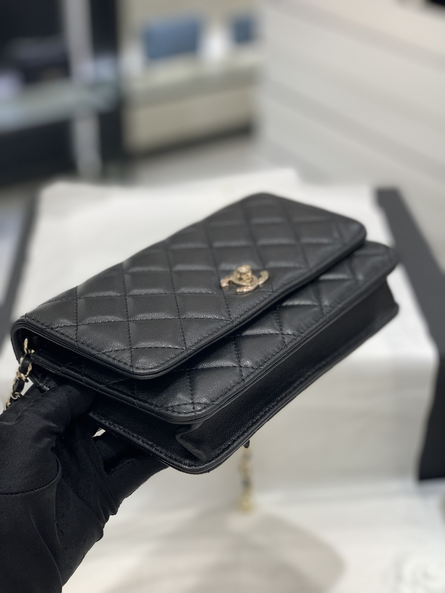 Bagsaaa Ch**el WOC Lambskin Leather With Ball Charm Strap Black - 19-3.5-12cm