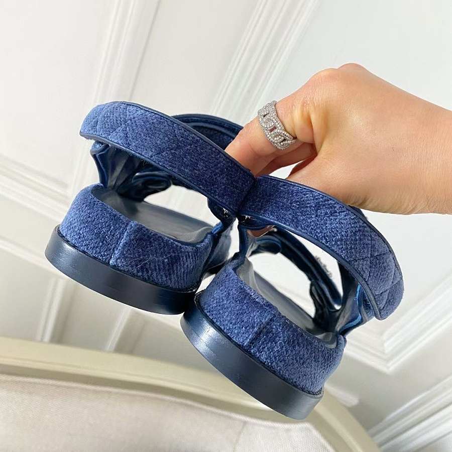 Bagsaaa Ch**el Denim Sandals With Crystal Logo 