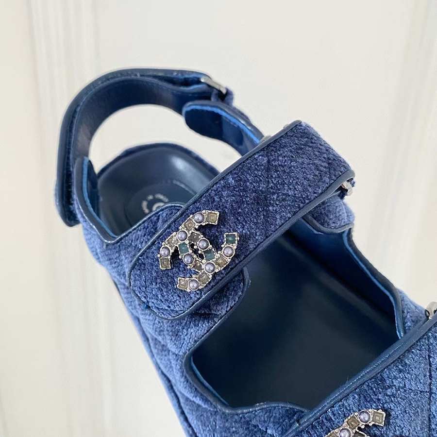 Bagsaaa Ch**el Denim Sandals With Crystal Logo 