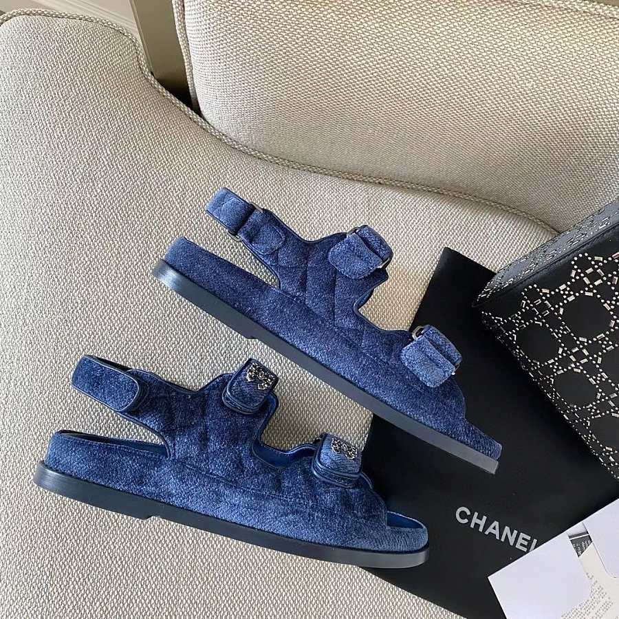 Bagsaaa Ch**el Denim Sandals With Crystal Logo 