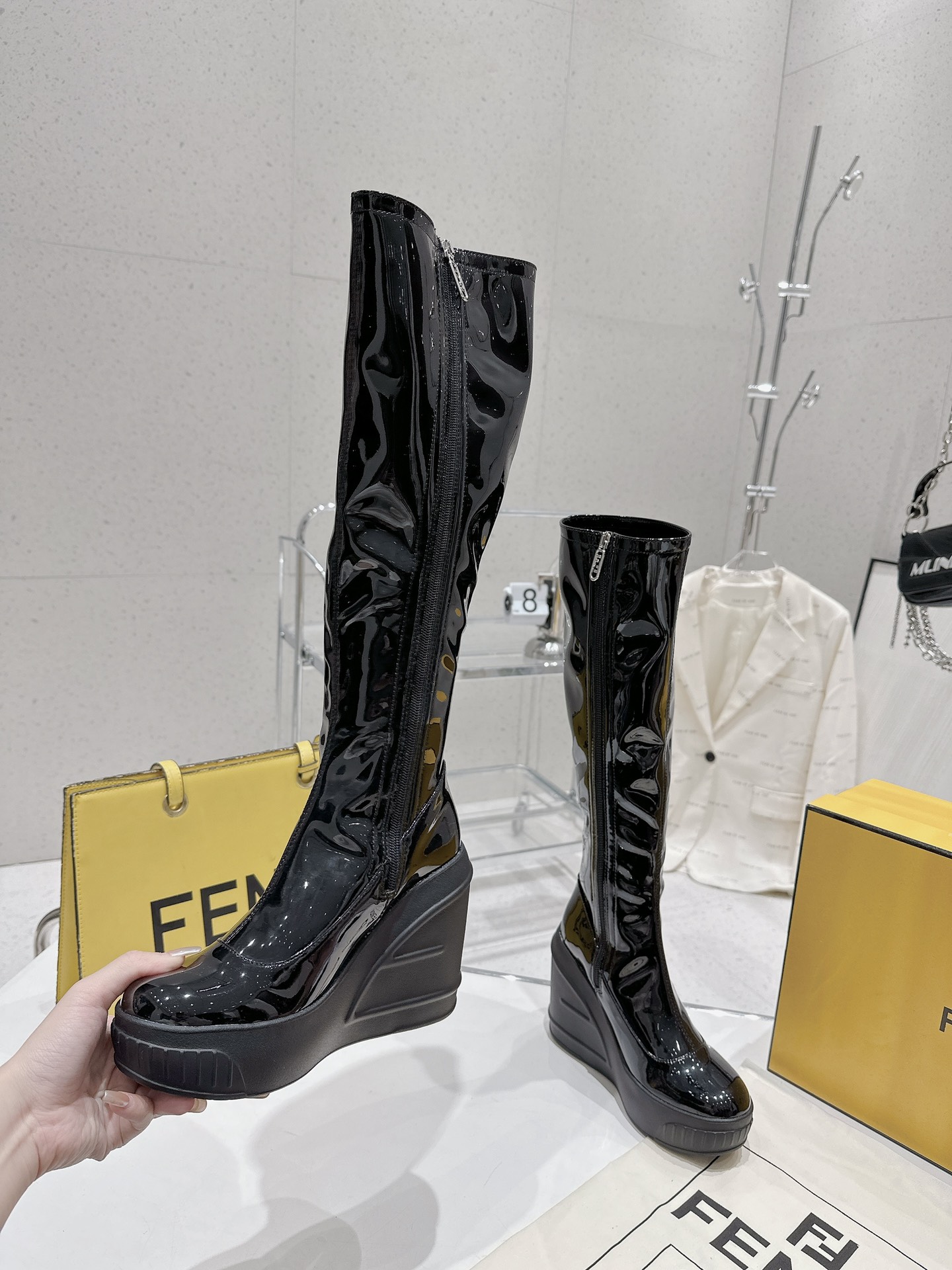 Bagsaaa F**di Patent Leather Long Black Boot