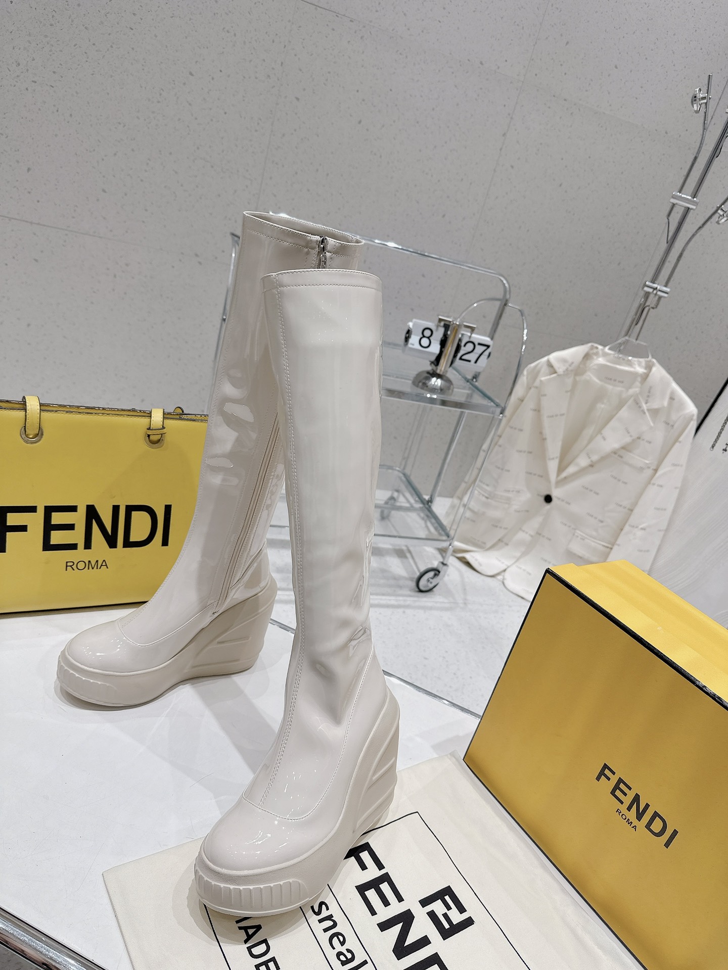 Bagsaaa F**di Patent Leather Long White Boot