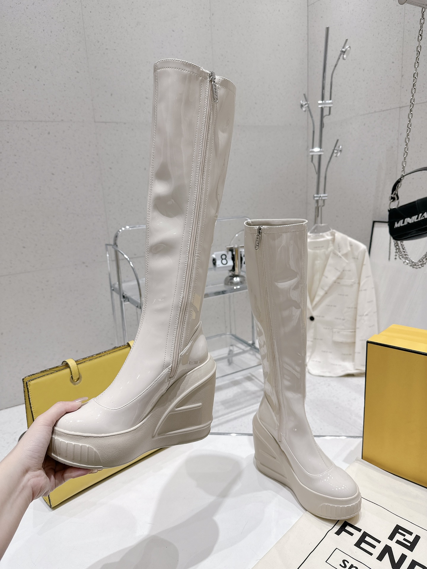 Bagsaaa F**di Patent Leather Long White Boot