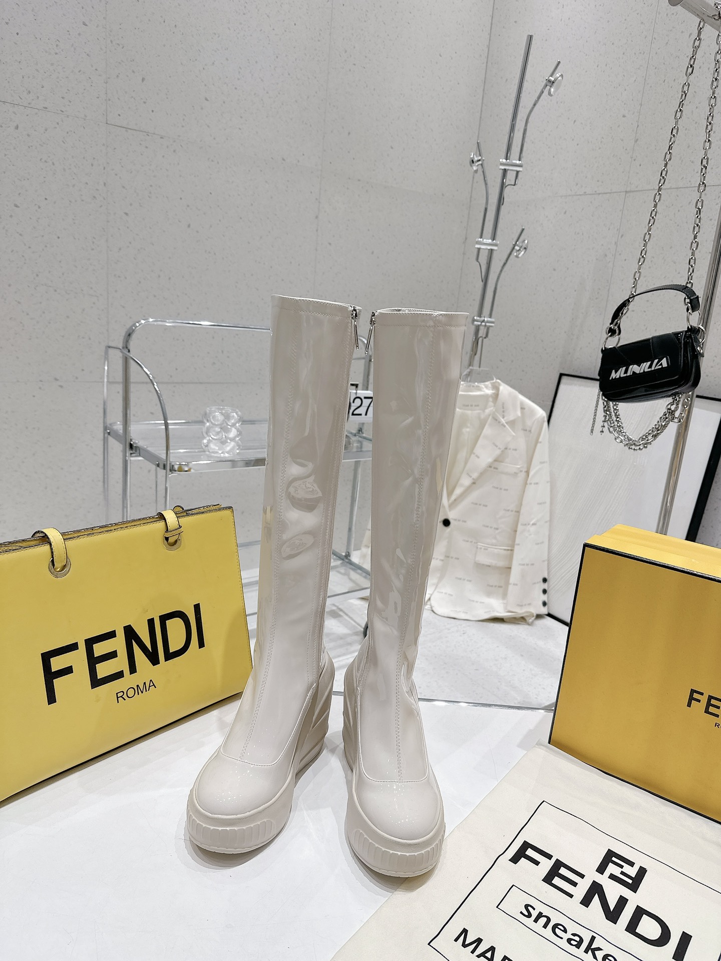 Bagsaaa F**di Patent Leather Long White Boot
