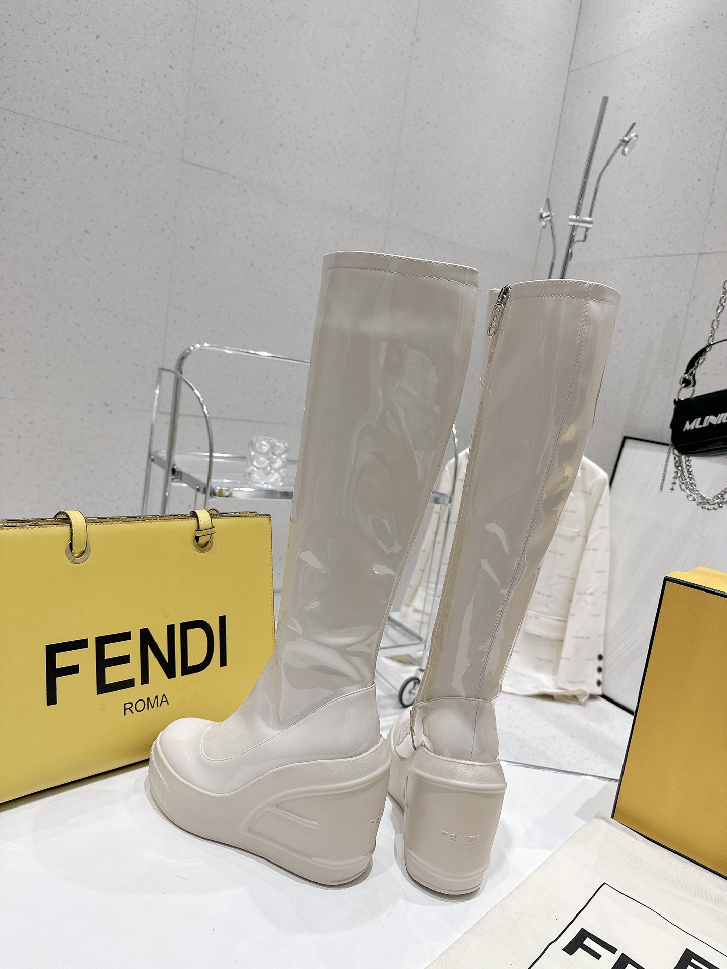 Bagsaaa F**di Patent Leather Long White Boot