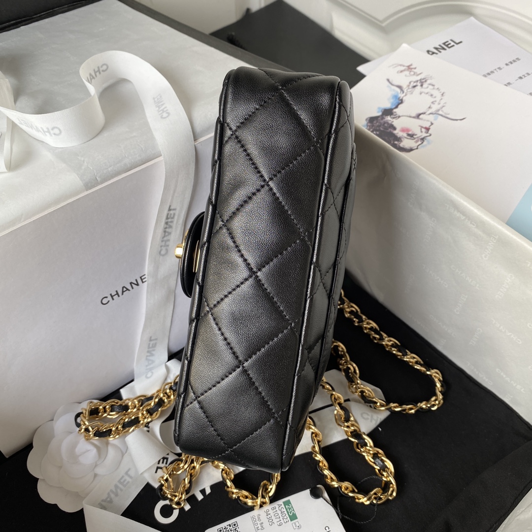 Bagsaaa Ch**el Flap Bag Lambskin Leather Gold Handle In Black - 13X21X8cm 