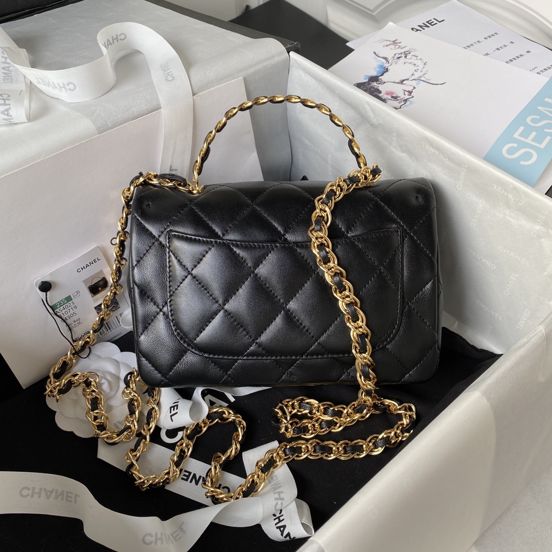 Bagsaaa Ch**el Flap Bag Lambskin Leather Gold Handle In Black - 13X21X8cm 