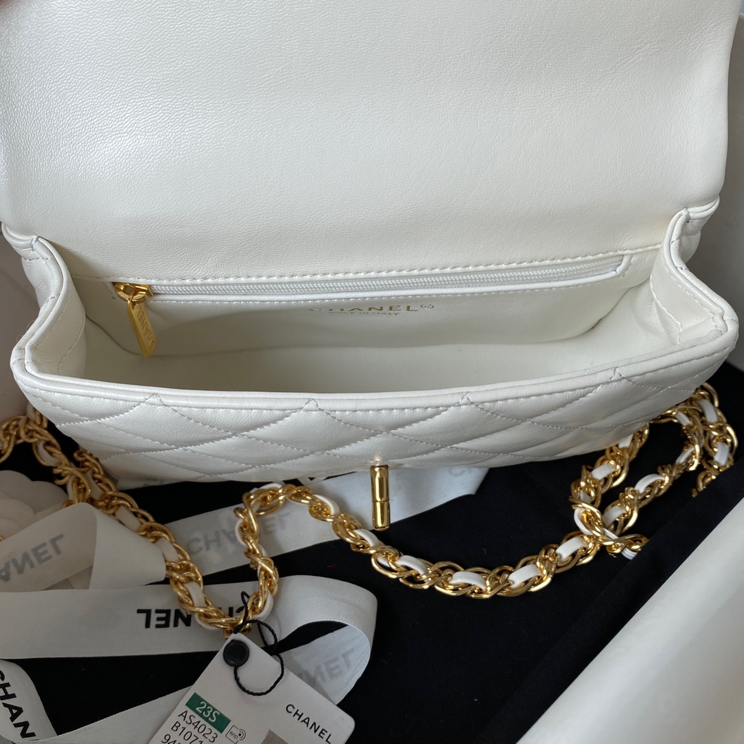 Bagsaaa Ch**el Flap Bag Lambskin Leather Gold Handle In White - 13X21X8cm