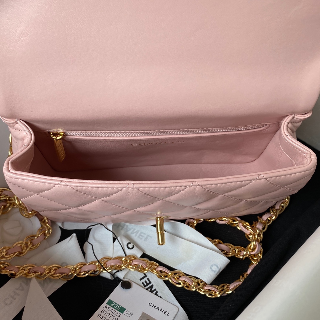 Bagsaaa Ch**el Flap Bag Lambskin Leather Gold Handle In Pink - 13X21X8cm