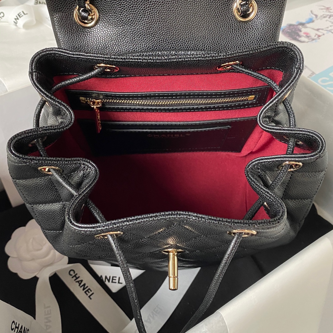 Bagsaaa Ch**el Calfskin Plain Caviar Leather Black Backpack - 25X20X12cm