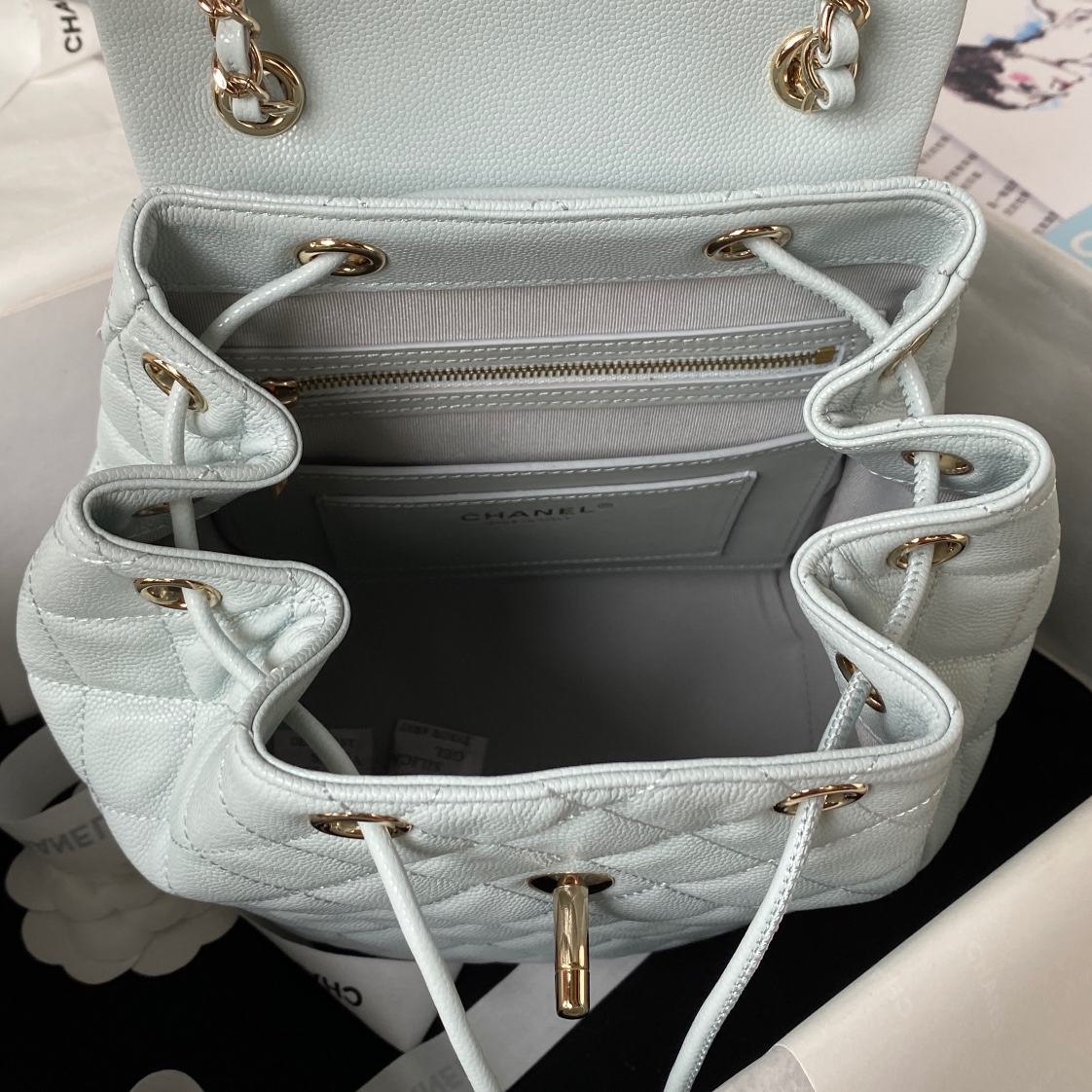 Bagsaaa Ch**el Calfskin Plain Caviar Leather Light Blue Backpack - 25X20X12cm
