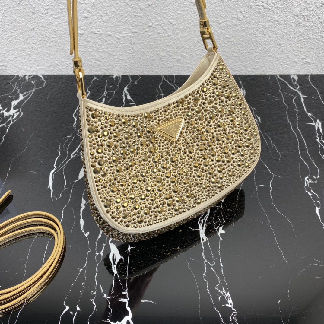 Bagsaaa Pra*a Cleo satin bag with crystals gold - 22*18.5*4.5cm