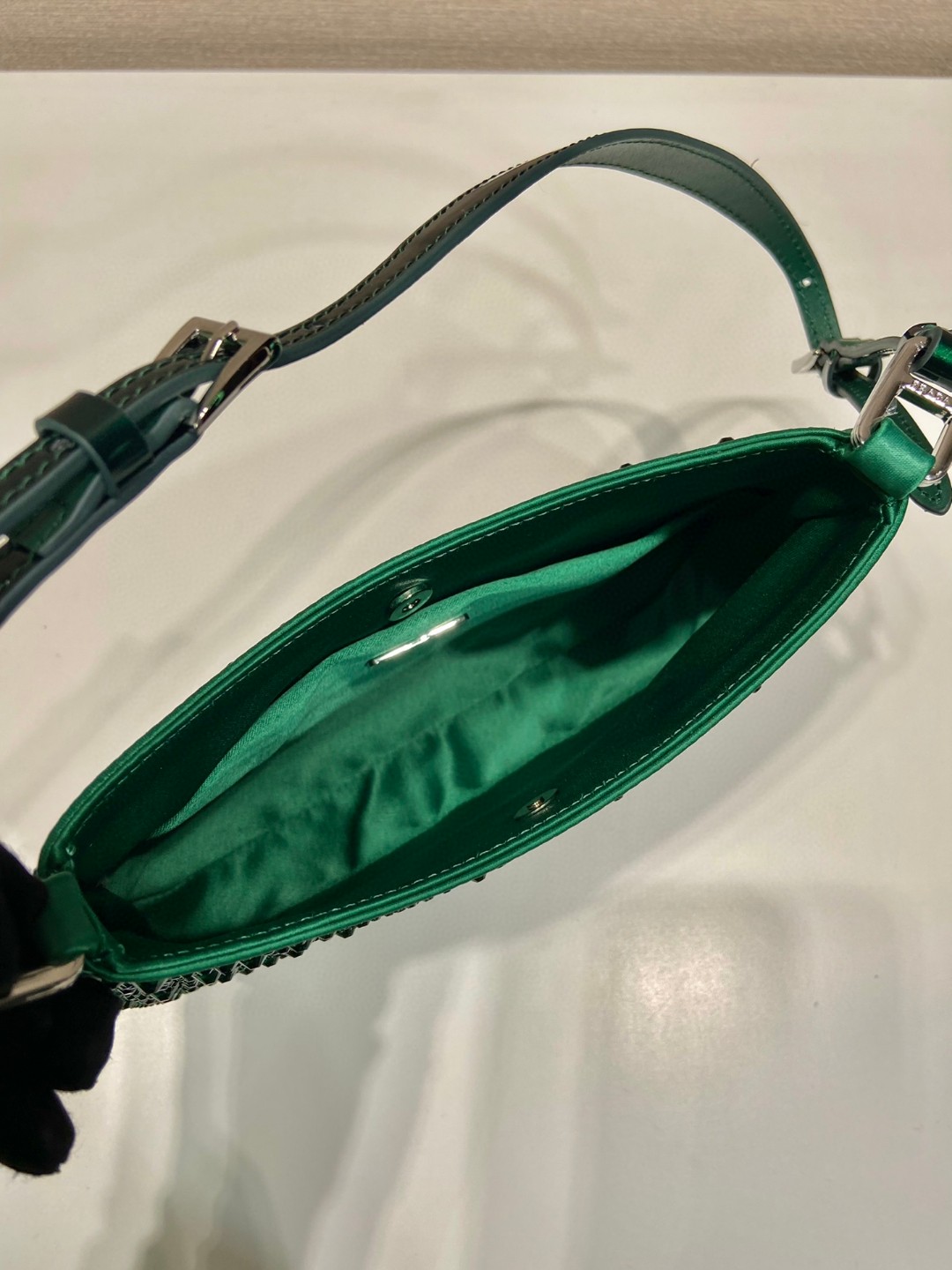 Bagsaaa Pra*a Cleo satin bag with crystals green - 22*18.5*4.5cm