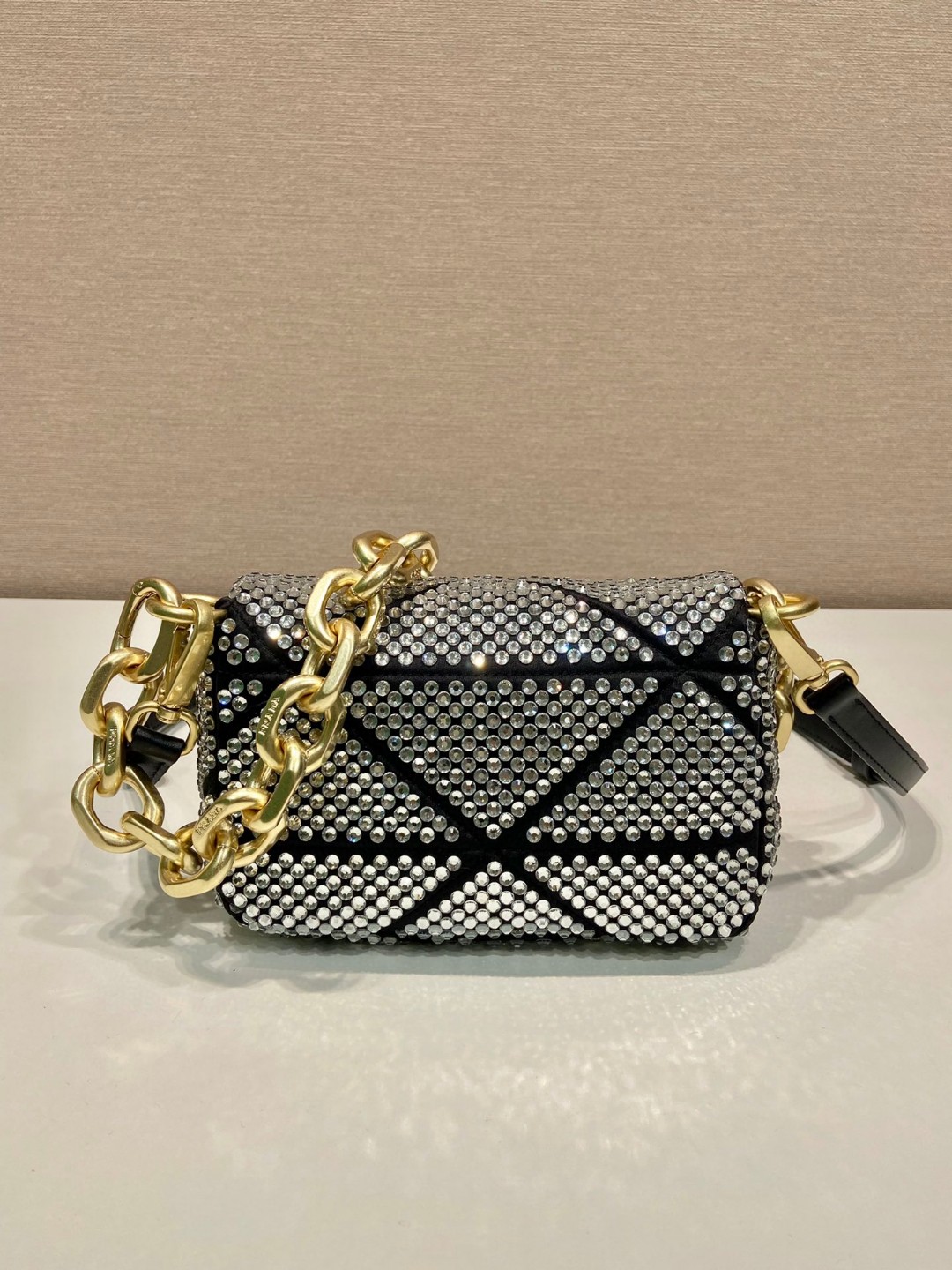 Bagsaaa Pra*a Mini Crystal-embellished Triangle Logo Black Shoulder Bag - 17*11.5*6.5cm