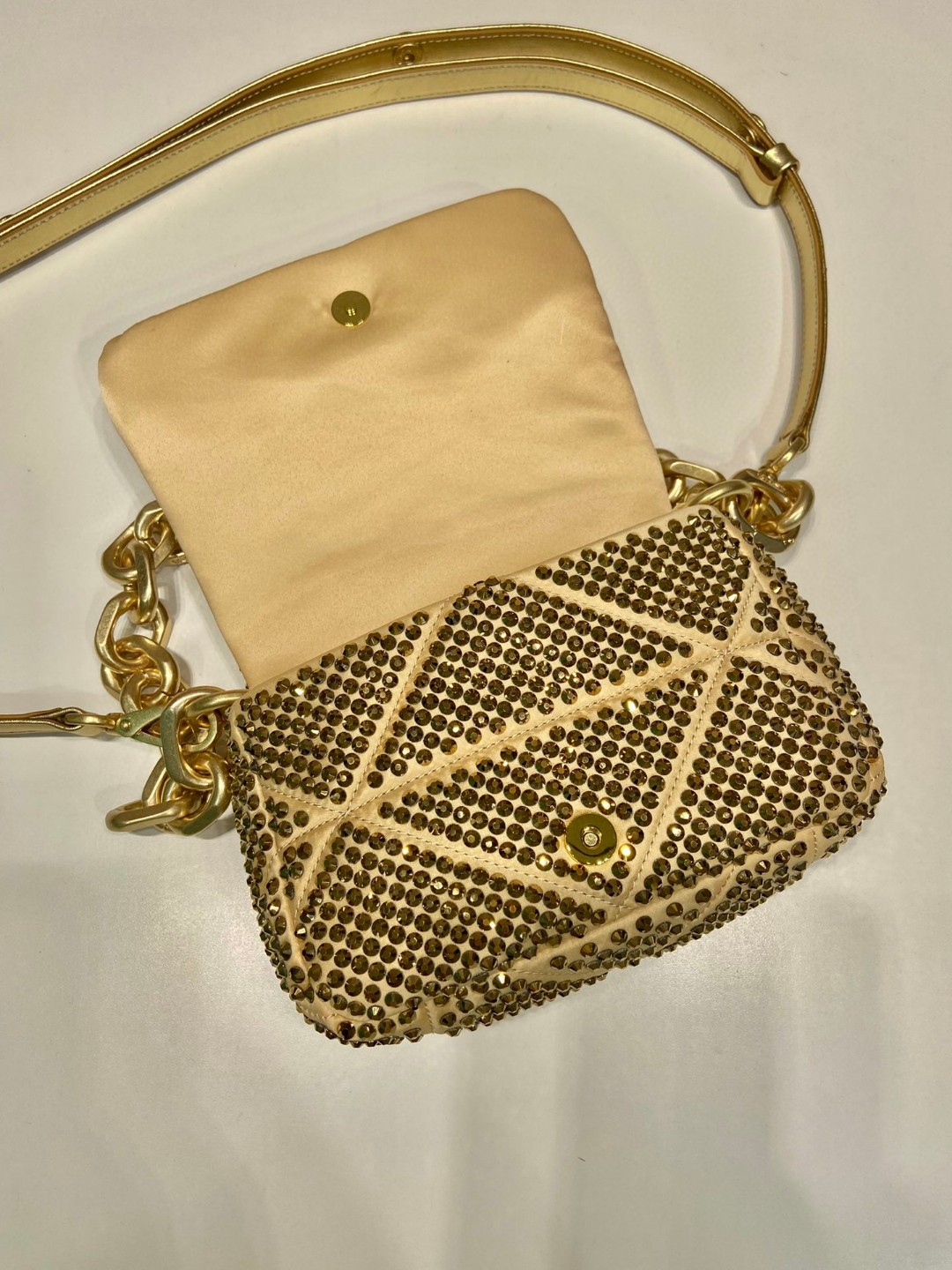 Bagsaaa Pra*a Mini Crystal-embellished Triangle Logo Gold Shoulder Bag - 17*11.5*6.5cm