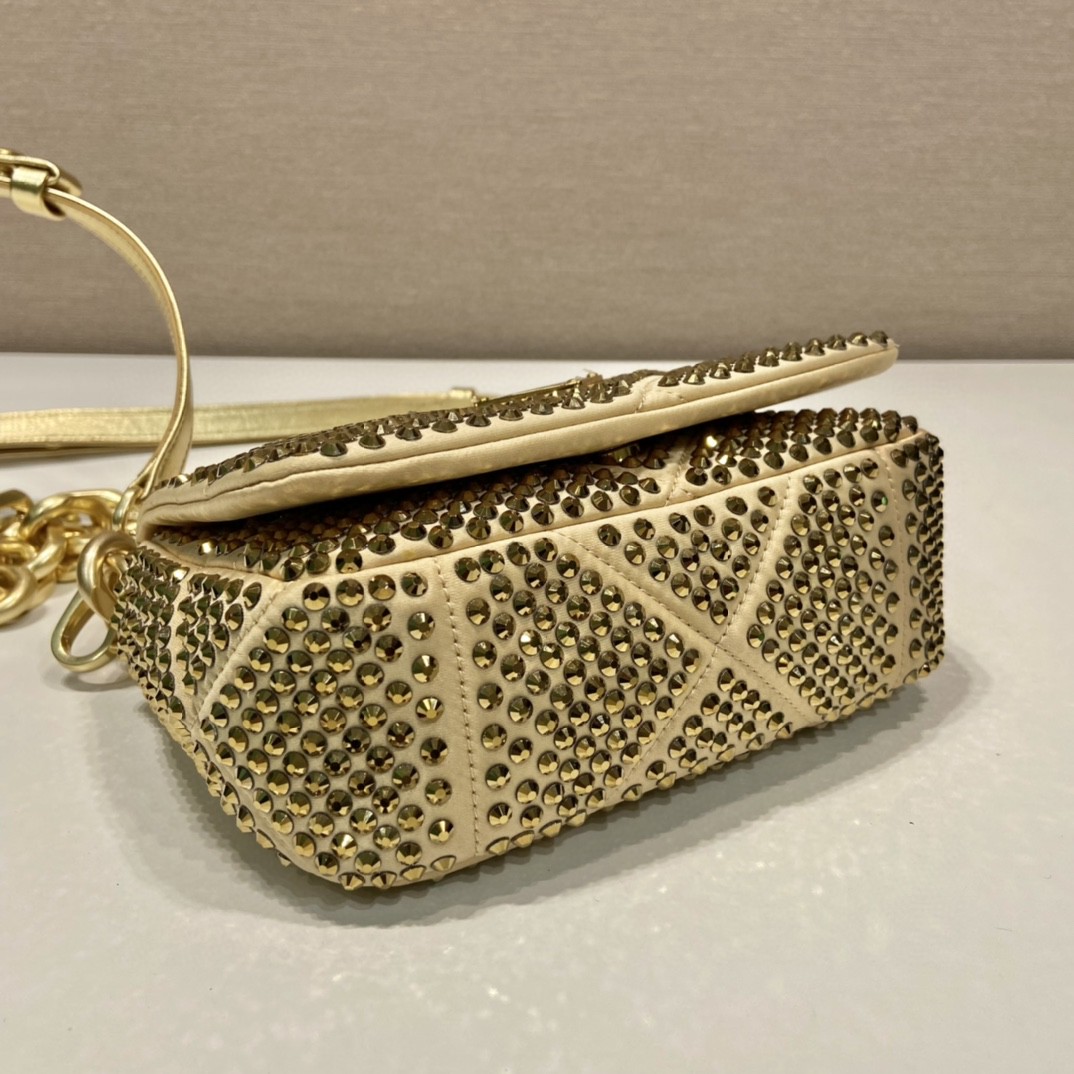 Bagsaaa Pra*a Mini Crystal-embellished Triangle Logo Gold Shoulder Bag - 17*11.5*6.5cm