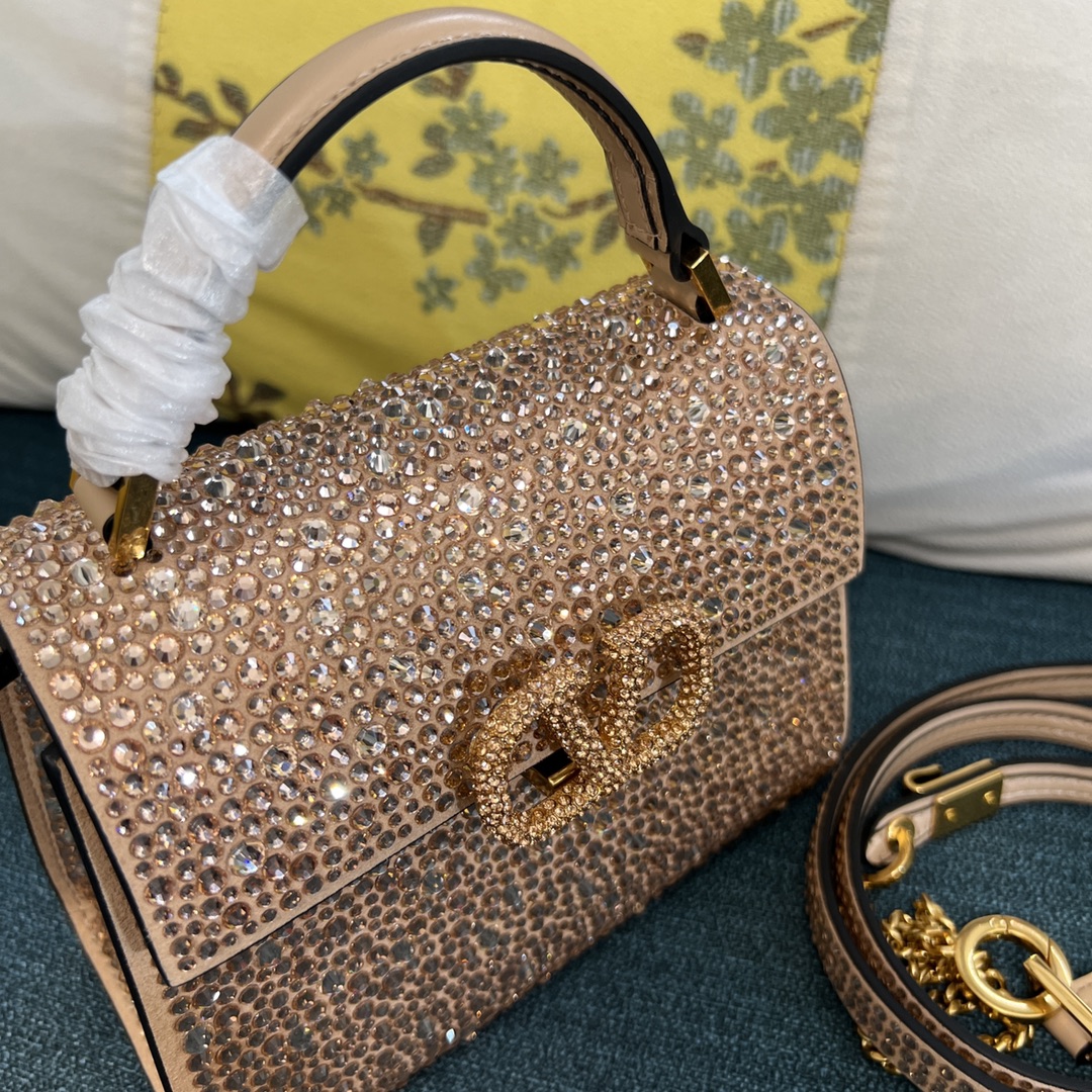 Bagsaaa Va1e*ntin0 Vsling Mini Handbag With Sparkling Embroidery Beige - W19xH13xD9