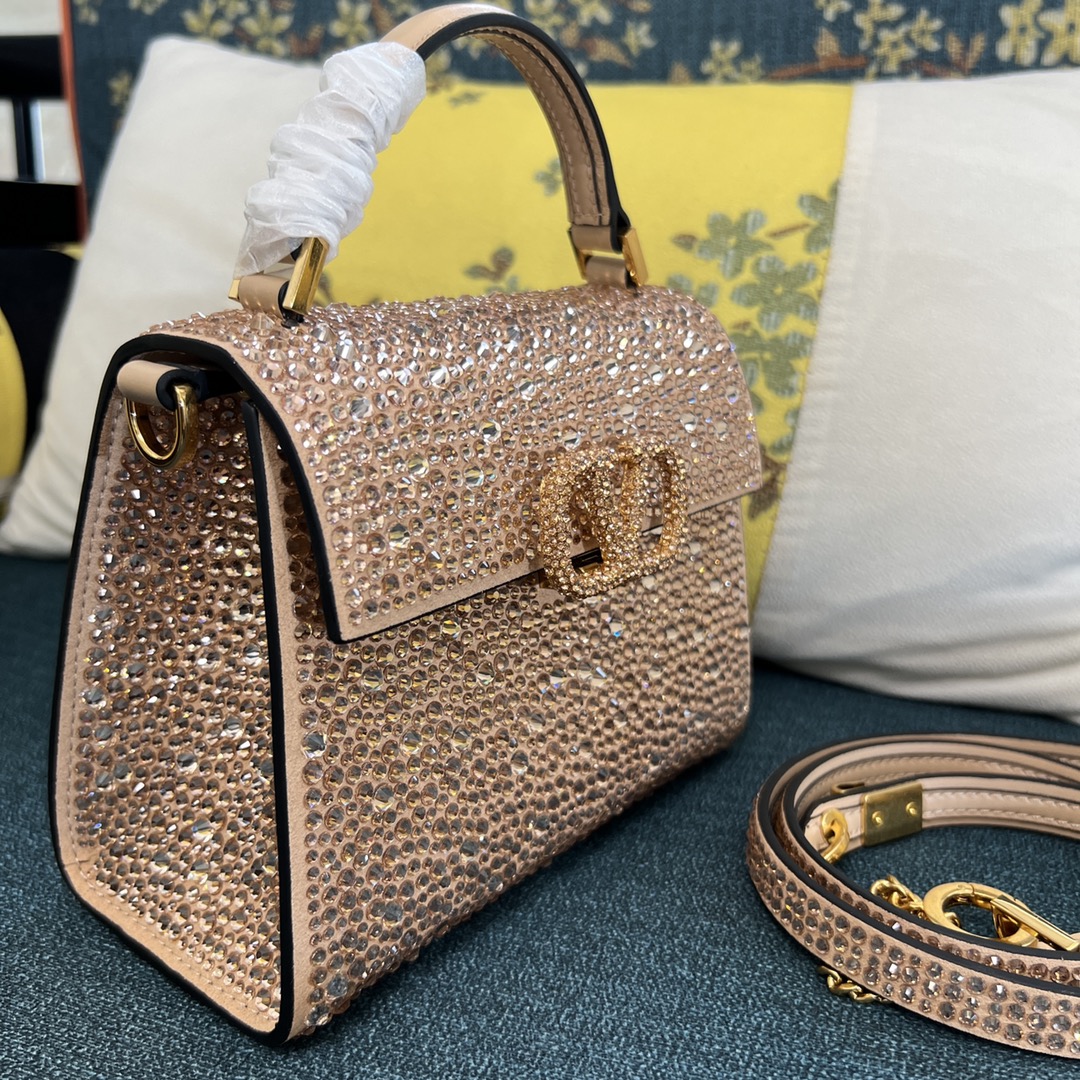 Bagsaaa Va1e*ntin0 Vsling Mini Handbag With Sparkling Embroidery Beige - W19xH13xD9