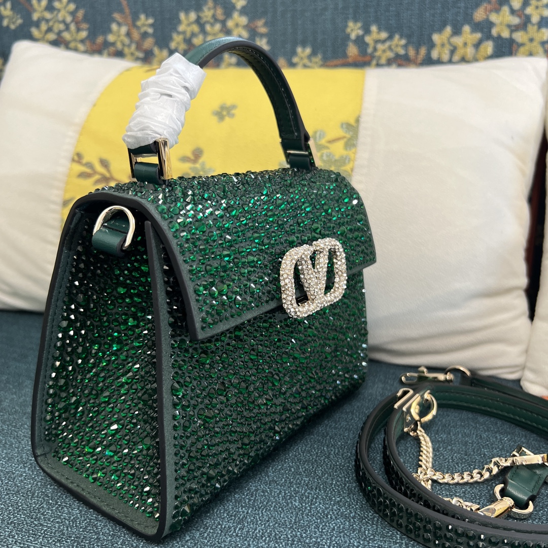 Bagsaaa Va1e*ntin0 Vsling Mini Handbag With Sparkling Embroidery Green - W19xH13xD9