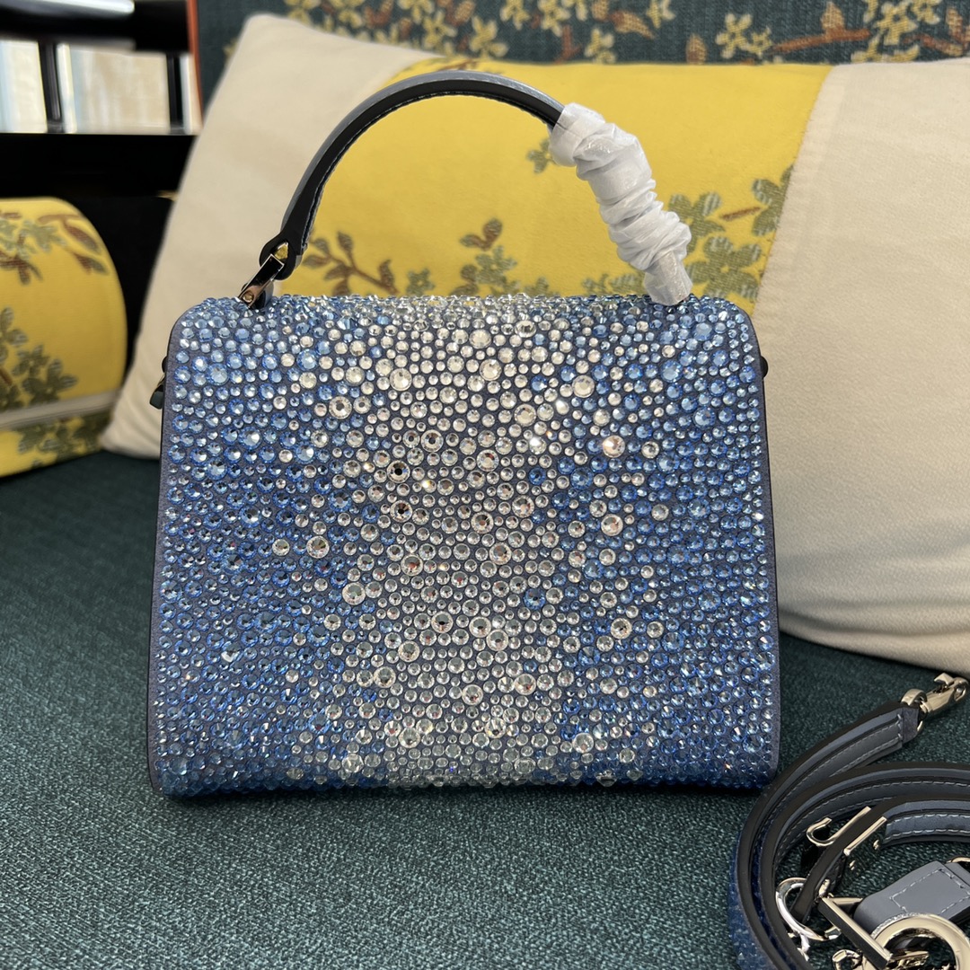 Bagsaaa Va1e*ntin0 Garavani Middle East Crystal VSling Top Handle Blue Bag - 19x13x9cm