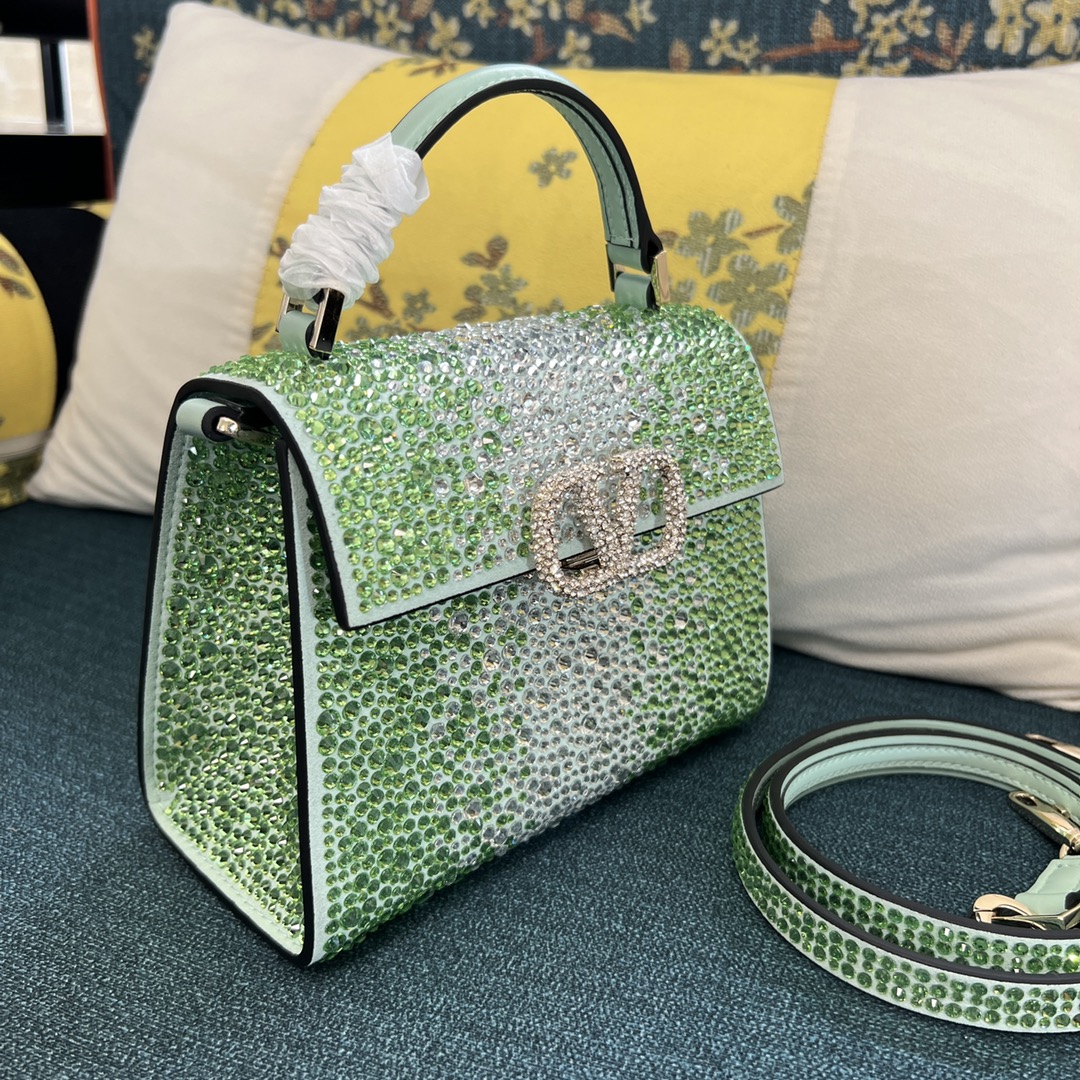Bagsaaa Va1e*ntin0 Garavani Middle East Crystal VSling Top Handle Green Bag - 19x13x9cm