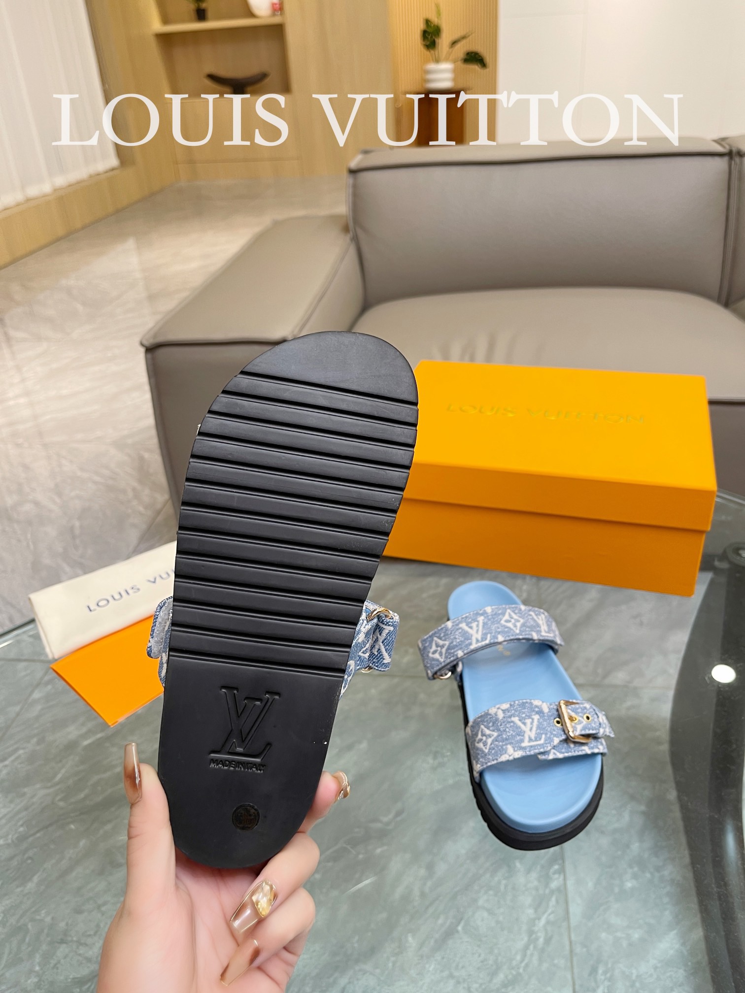 Bagsaaa L0vis Vvtt0n Bom Dia Flat Comfort Mule Monogram Blue Denim