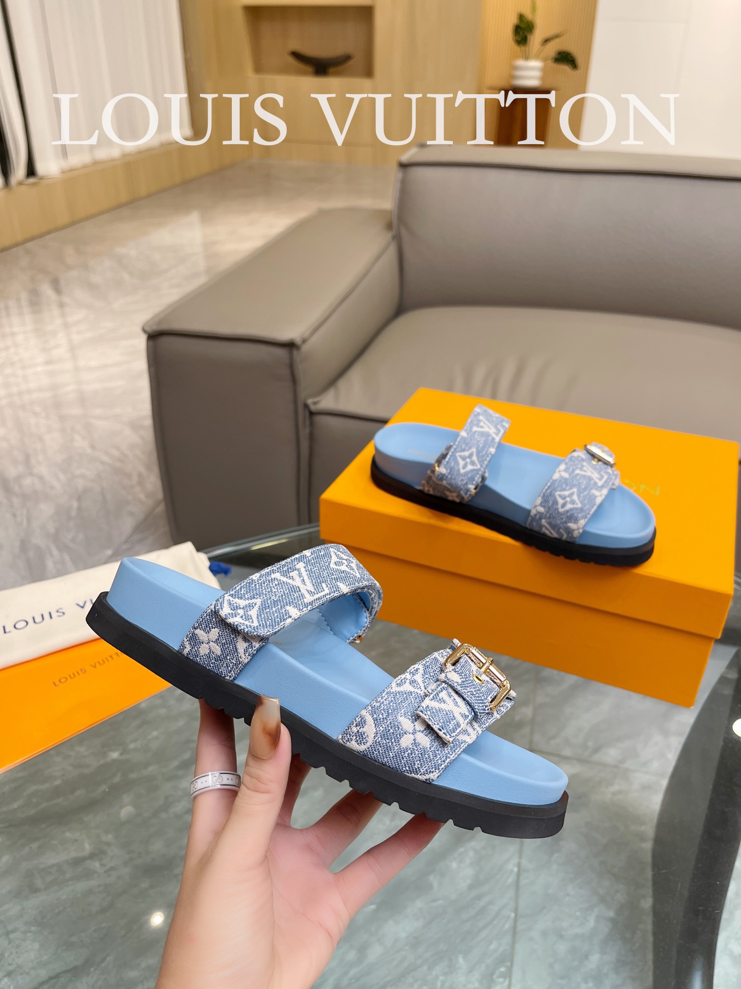 Bagsaaa L0vis Vvtt0n Bom Dia Flat Comfort Mule Monogram Blue Denim