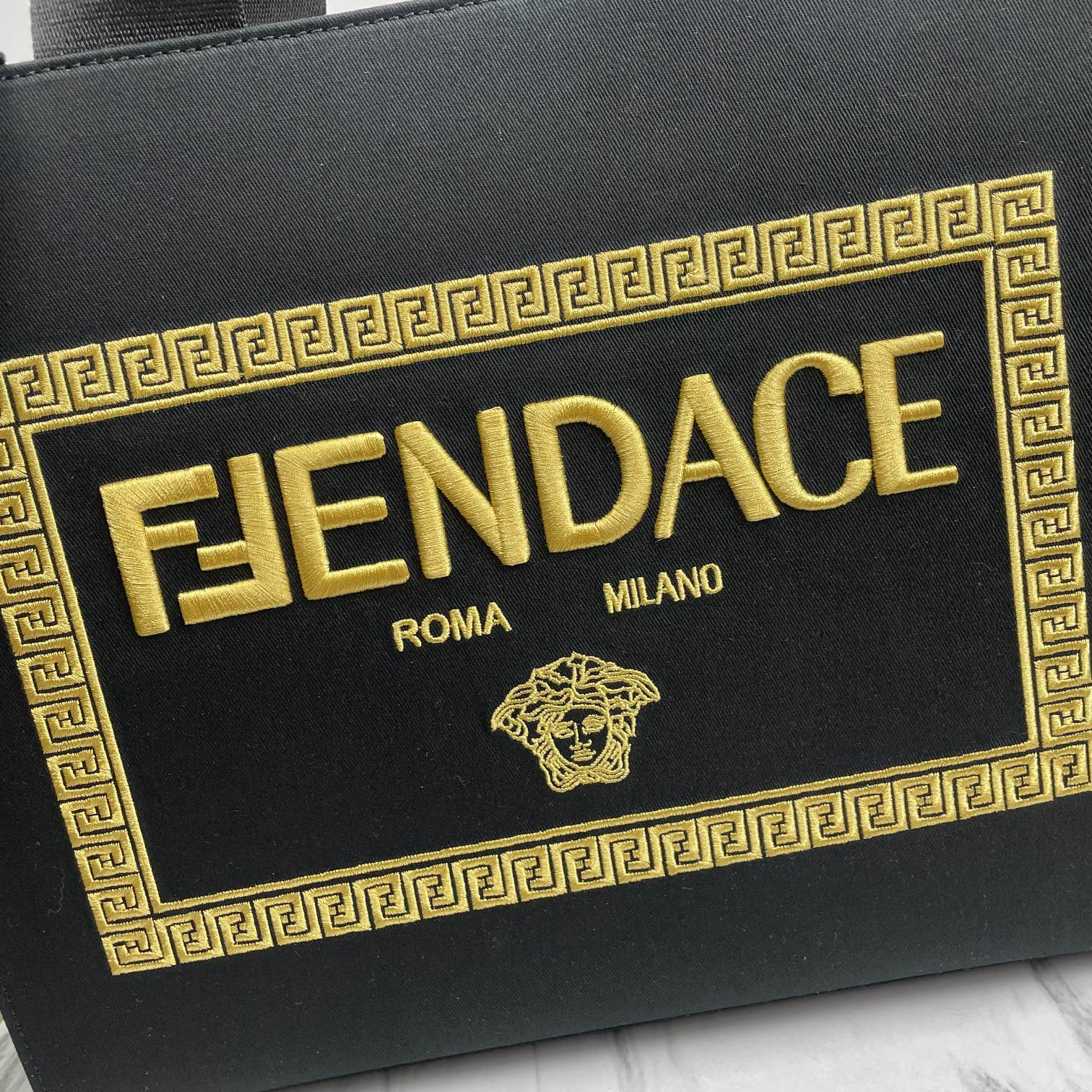 Bagsaaa F**di Fendace Embroidered Canvas Logo Medium Black Bag