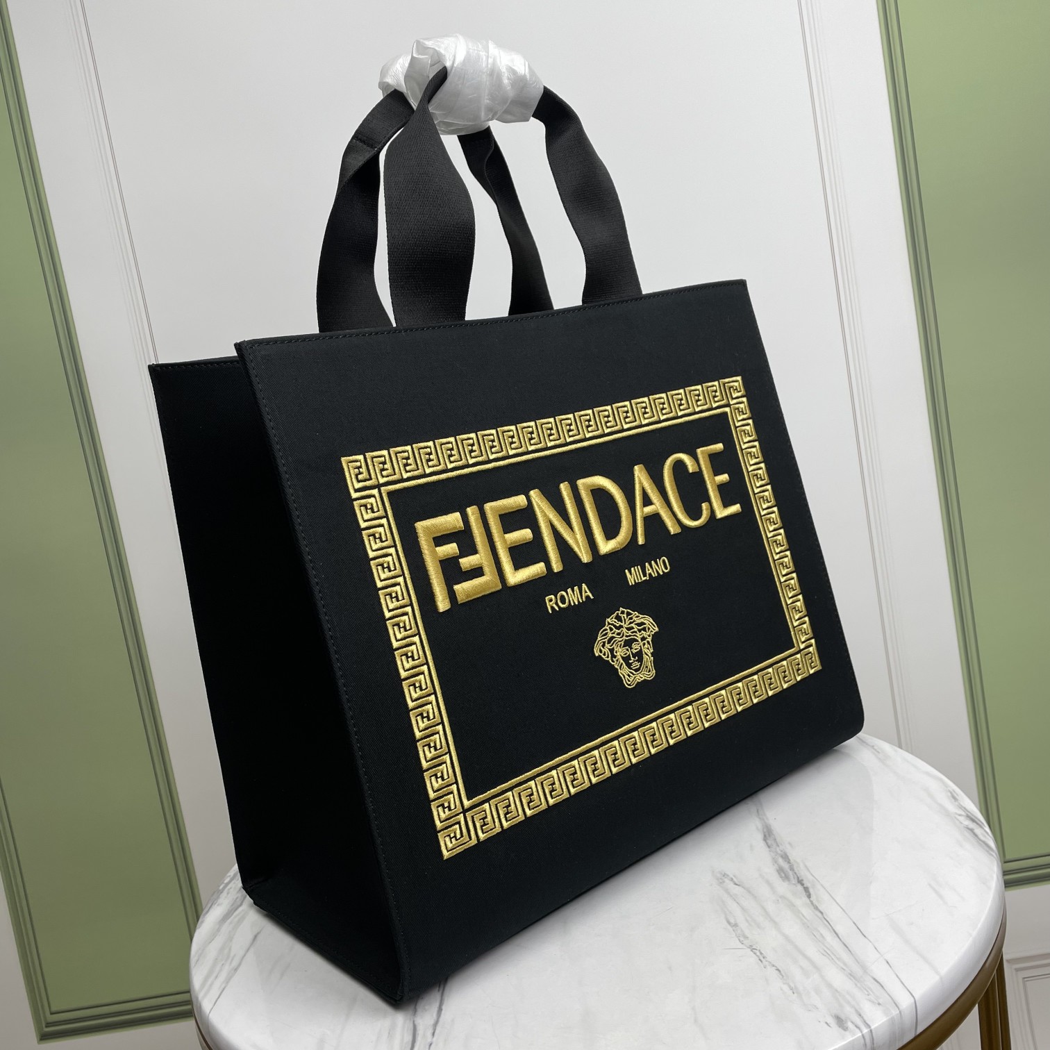 Bagsaaa F**di Fendace Embroidered Canvas Logo Large Black Bag - 40×35×21.5cm