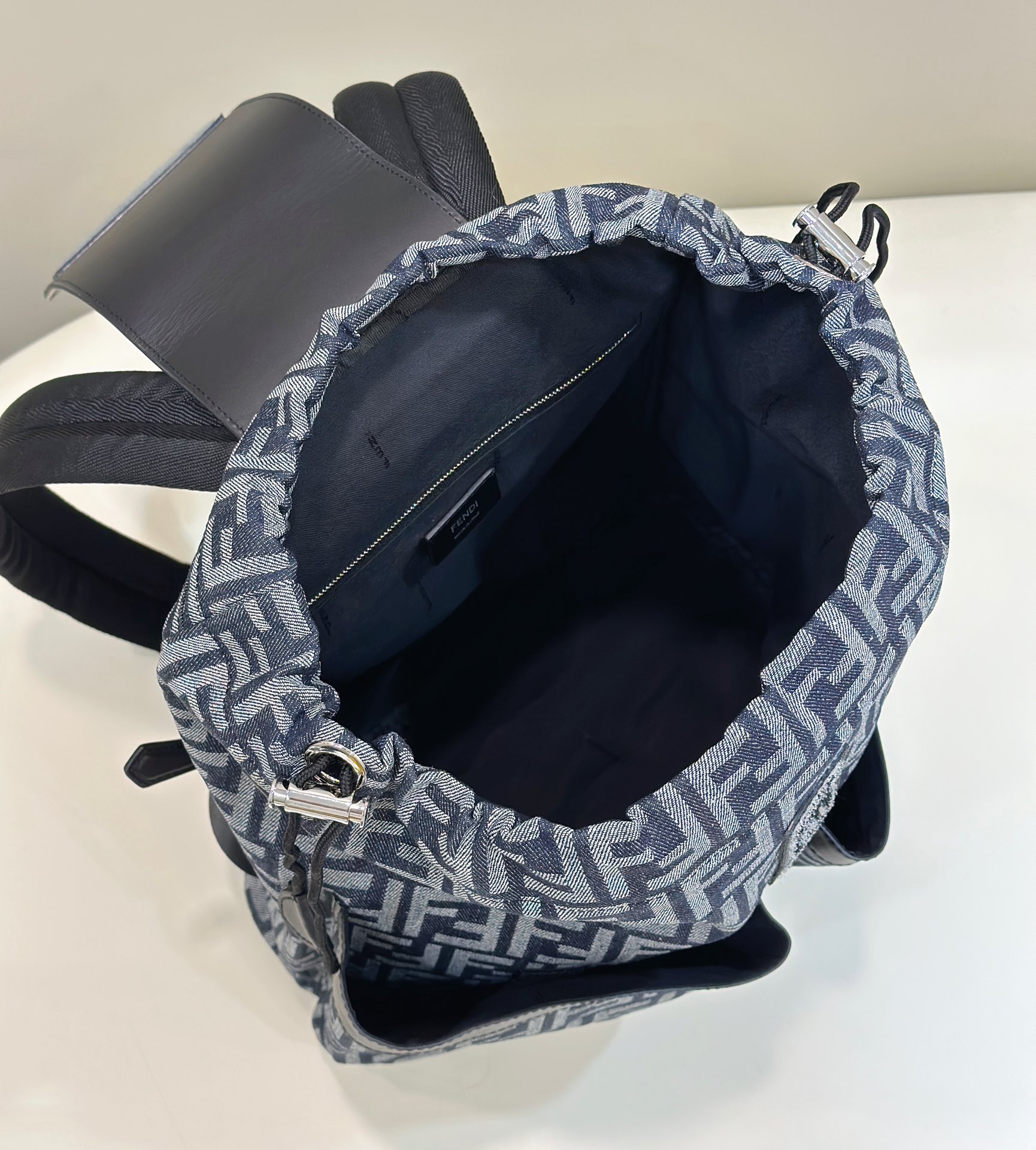 Bagsaaa F**di Black Strike Backpack In Denim With Jacquard Ff Monogram Medium - 31.5*16*36CM