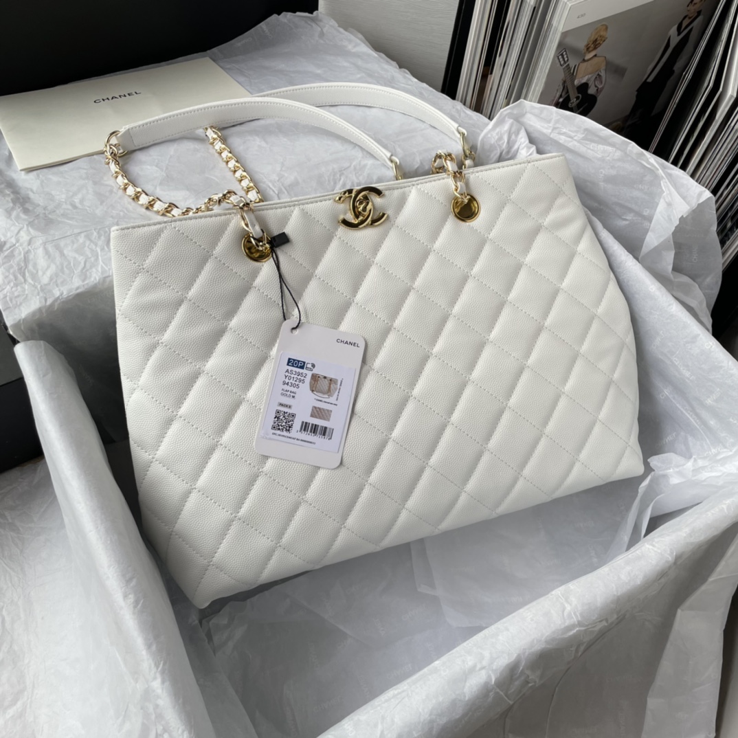 Bagsaaa Ch**el White Quilted Caviar Tote - 31*23*14cm