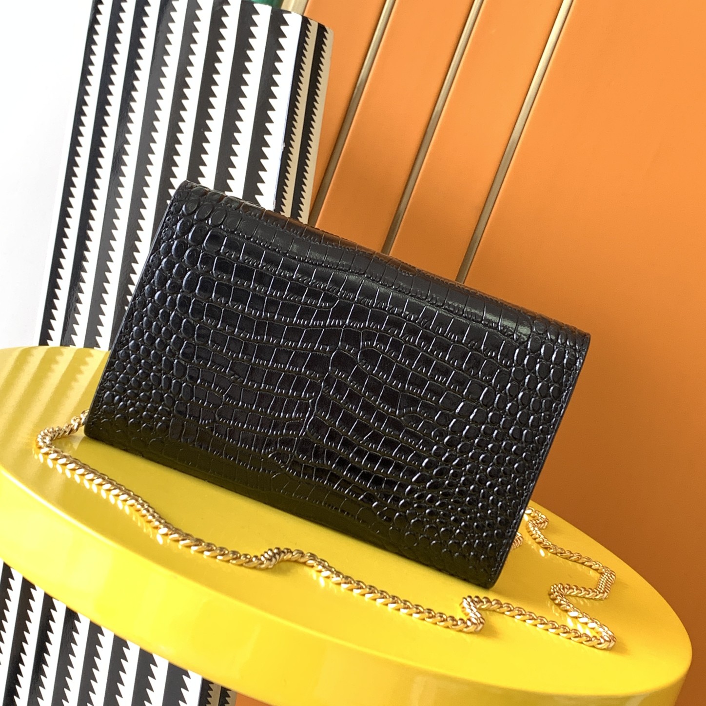 Bagsaaa Y51 Uptown Chain Wallet In Crocodile Embossed Shiny Leather Black - 19 X 12 X 3 CM