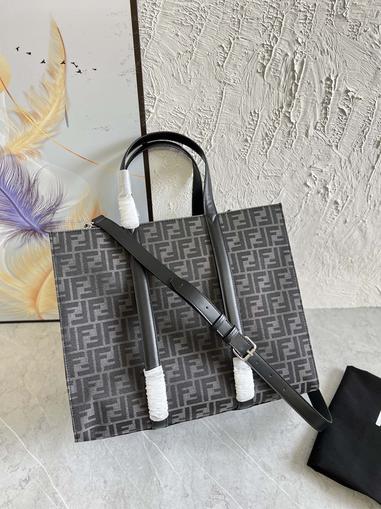 Bagsaaa F**di Shopper FF jacquard fabric black bag - 41x35x19cm