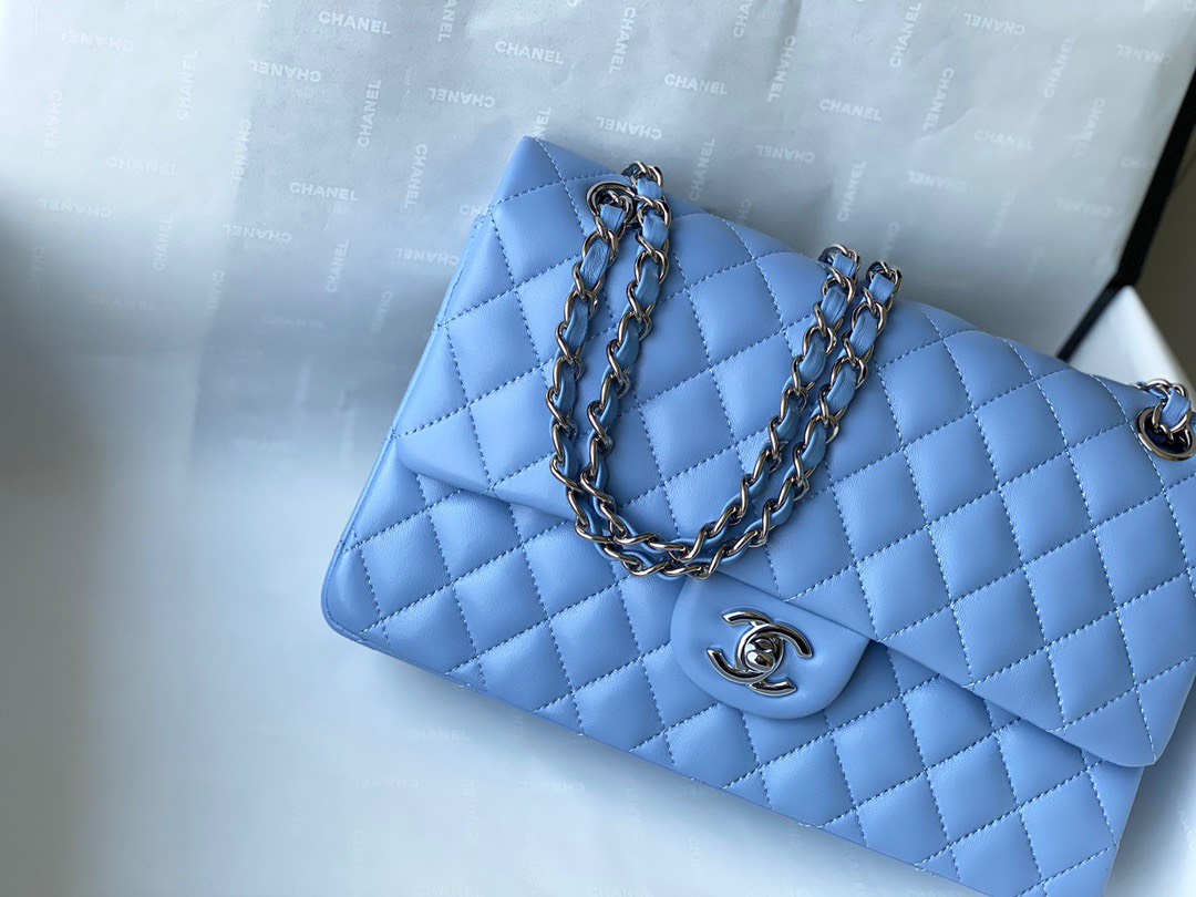 Bagsaaa Ch**el Flap Bag Blue Lambskin Leather Silver Hardware - 25cm