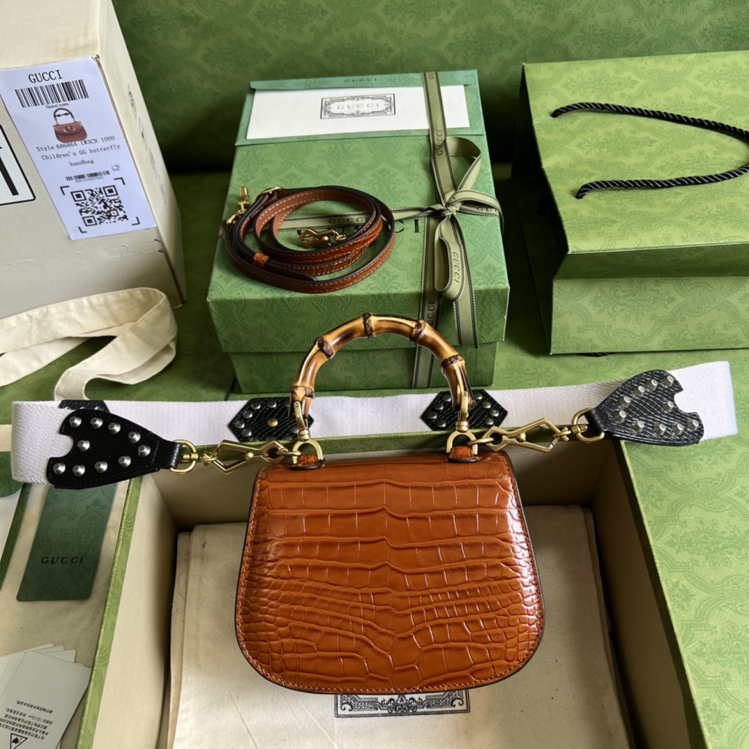 Bagsaaa Bamboo 1947 Mini Top Handle Brown Crocodile Leather Bag - 17x12.5x8cm