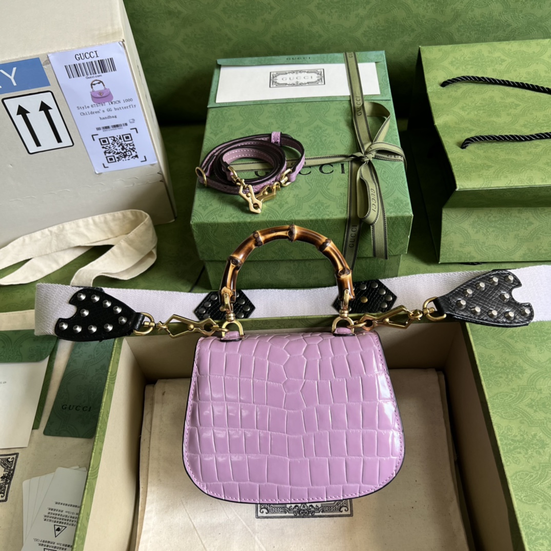 Bagsaaa Bamboo 1947 Mini Top Handle Purple Crocodile Leather Bag - 17x12.5x8cm