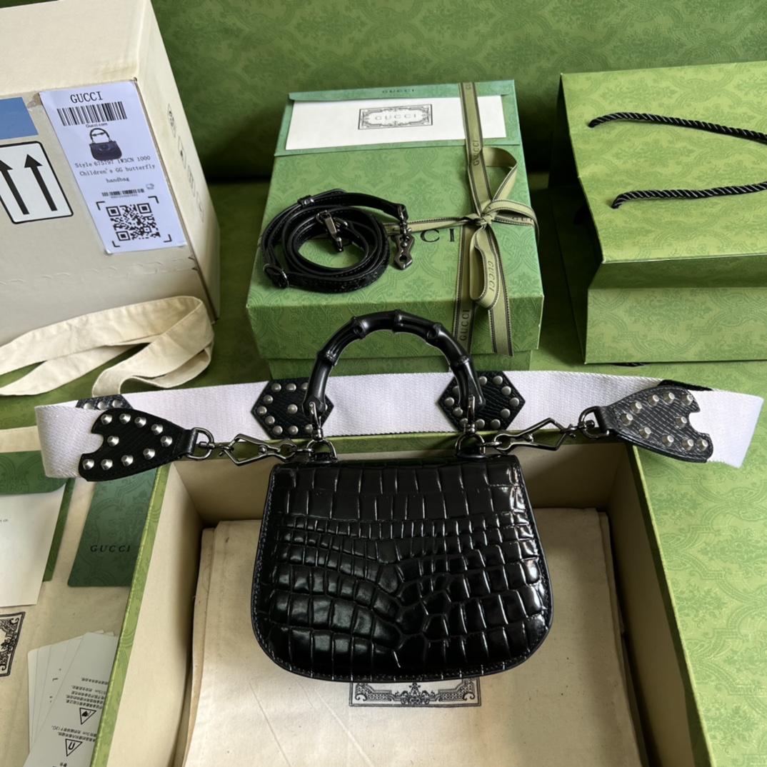 Bagsaaa Bamboo 1947 Mini Top Handle Black Crocodile Leather Bag - 17x12.5x8cm